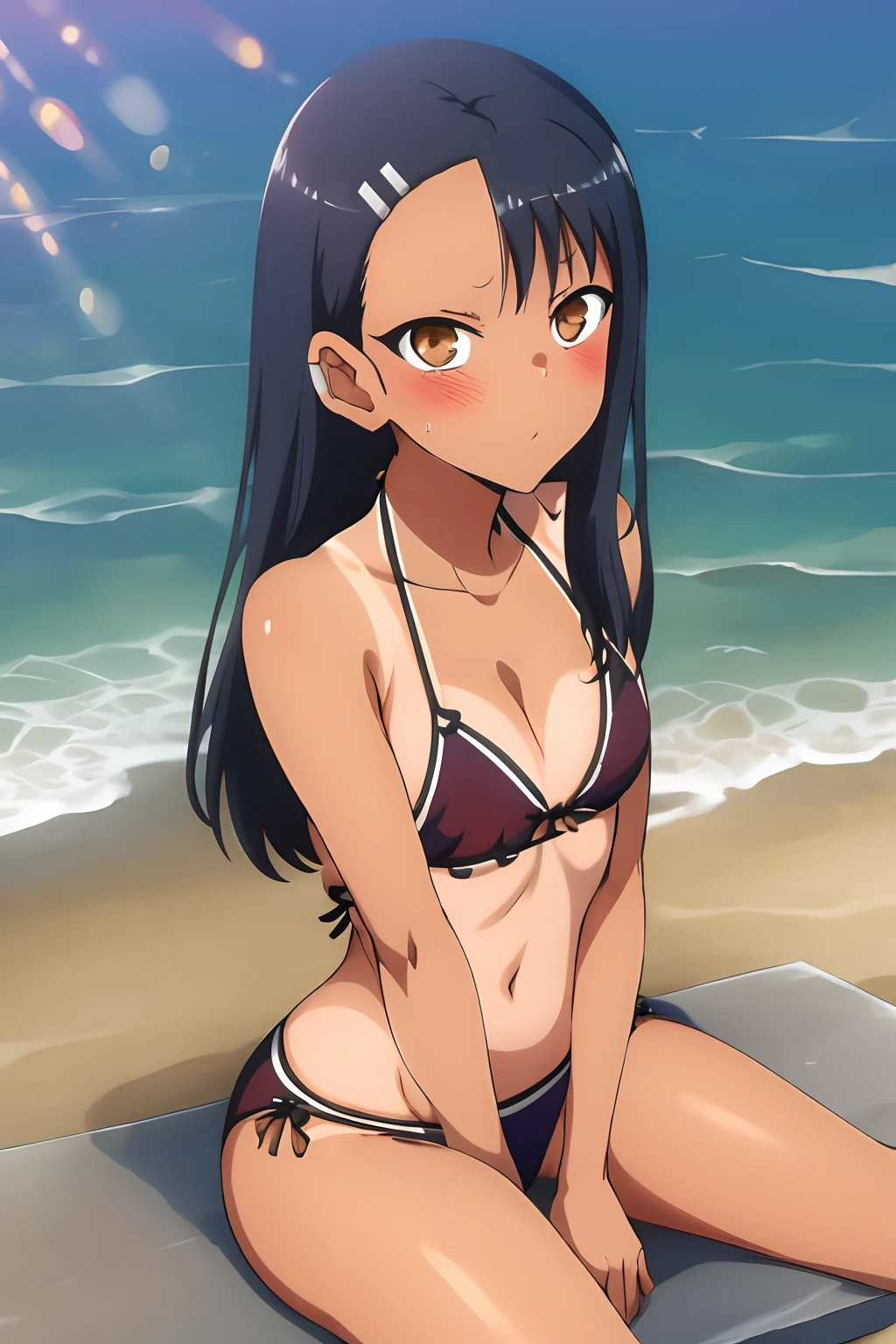 1girl, (solo), small breast, masterpiece, professional artwork, famous artwork, perfect face,nagatoro hayase, brown eyes, hairclip, black hair, cowboy shot, black hair, beautiful face, intense look, ((perfect female body, narrow waist)),((tan lines)), looking at viewer, (((bikini))), ((sitting)), beach, (close up), cleavage, ((bare legs)), wide hips