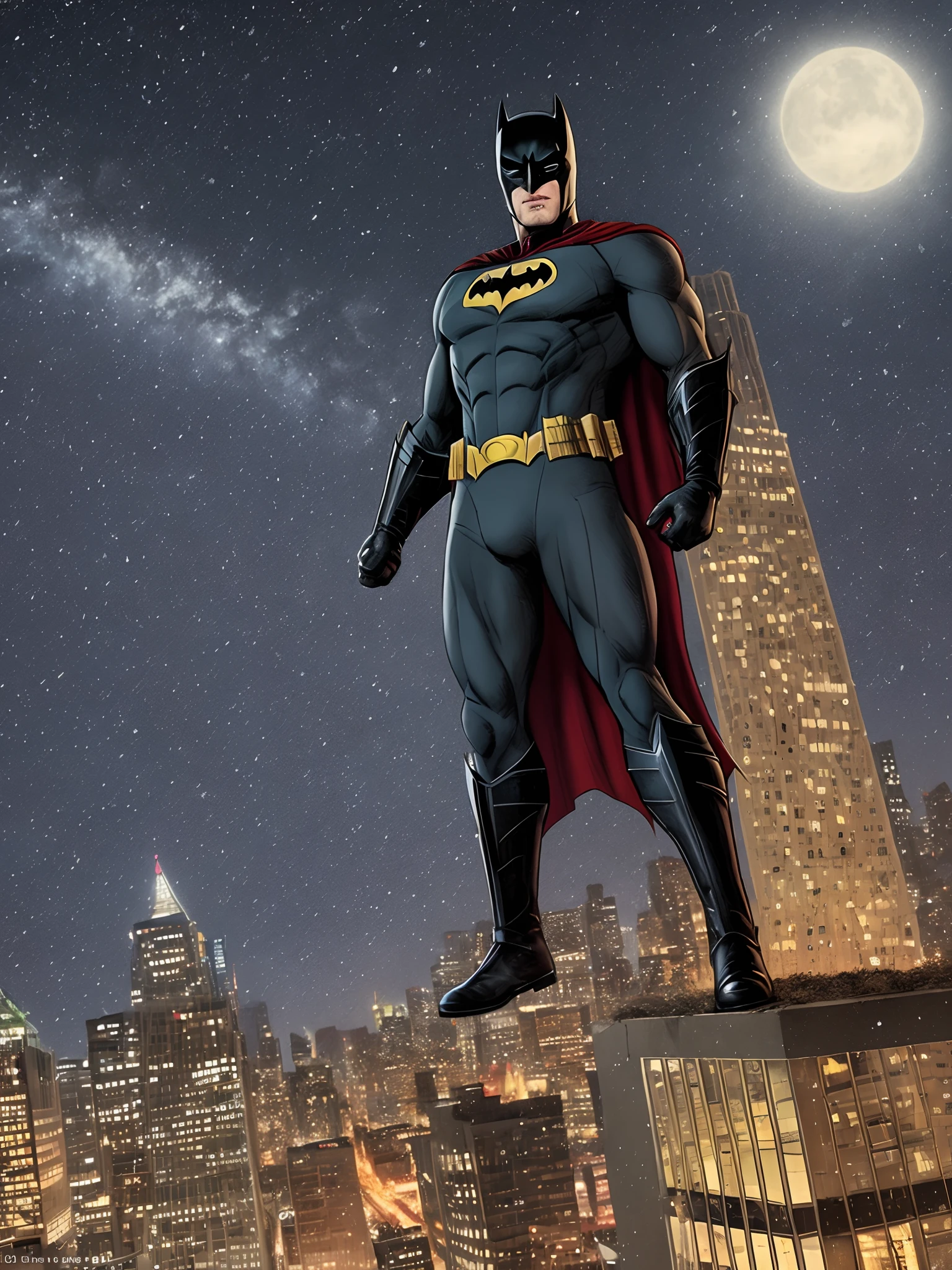 Natal a noite com neve, Batman on top of a building, Robert Peterson com roupa do batman, the batman no natal, fim de ano
