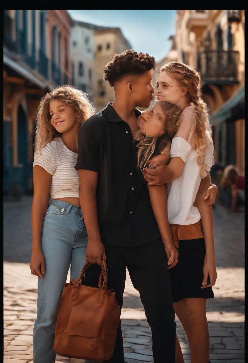 Create a Disney style image of 4 friends, 2 boys, 1 black and one white and 2 girls, 1 black, ready to start playing and meet up on the street