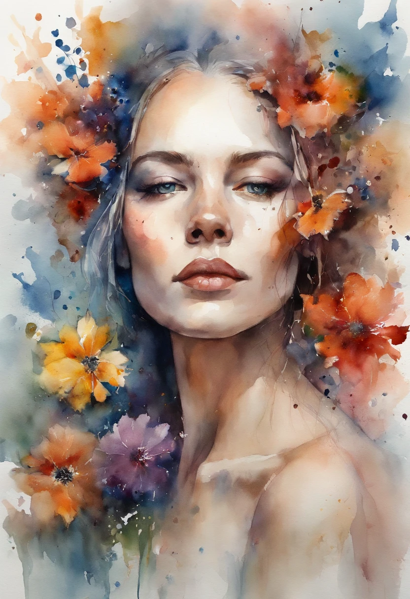 high quality, masterpiece, Watercolor, wash technique, colorful, A painting with dripping and scattered paint, Painting like Agnes Cecile, blurry, pale touch, smudged outline, like a fairy tale, Beautiful woman made with flower colorage, expressing women using flowers and plants, cutting and combining petals and leaves, drawing women's hair and dresses using the colors and shapes of flowers, vivid colors and nature, luminism, three dimensional effect, enhanced beauty, Albert Anker, Feeling like John Howe, Greg Rutkowski, Artgerm, WLOP, luminism, Isometric, by yukisakura, awesome full color,