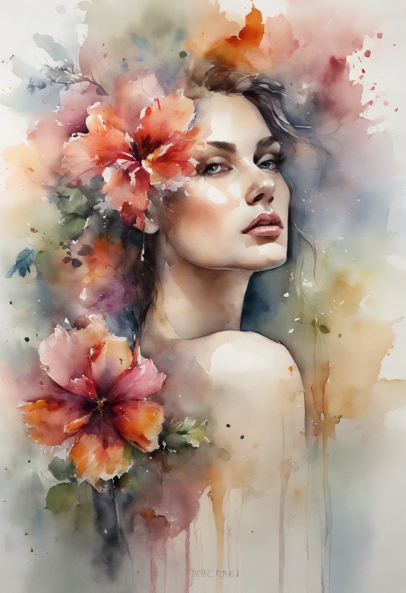 high quality, masterpiece, Watercolor, wash technique, colorful, A painting with dripping and scattered paint, Painting like Agnes Cecile, blurry, pale touch, smudged outline, like a fairy tale, Beautiful woman made with flower colorage, expressing women using flowers and plants, cutting and combining petals and leaves, drawing women's hair and dresses using the colors and shapes of flowers, vivid colors and nature, luminism, three dimensional effect, enhanced beauty, Albert Anker, Feeling like John Howe, Greg Rutkowski, Artgerm, WLOP, luminism, Isometric, by yukisakura, awesome full color,