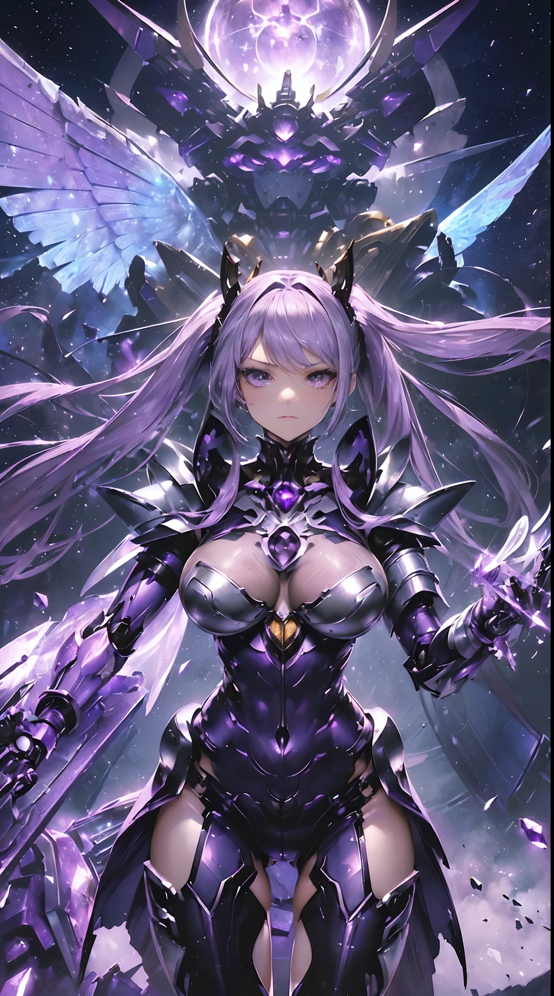 ((masutepiece:1.2)), ((Highest Quality)), (Ultra High Resolution), superfine illustration, ((Highly detailed face)), Raw photo, Professional, Ultra-fine painting, detailed metal texture, detailed cloth texture, Perfect Anatomy, real, ((Solo)), ((Beautiful Woman Dressed as a Mecha Angel)), Beautiful Breasts, concept-art, (Battle Pose), Detailed Science Fantasy Art, (silver hair with twin tails), (Highly detailed and delicate large amethyst purple symmetrical mechanical wings:1.4)), ((Mecha:1.2))Sleek and menacing design, (action pose), ((Marshal's Weapons)), ((Highly detailed and delicate mechanical armor dress in amethyst purple exclusively for Marshals)), Highly detailed and delicate starry sky, other world, no robot, (NSFW)