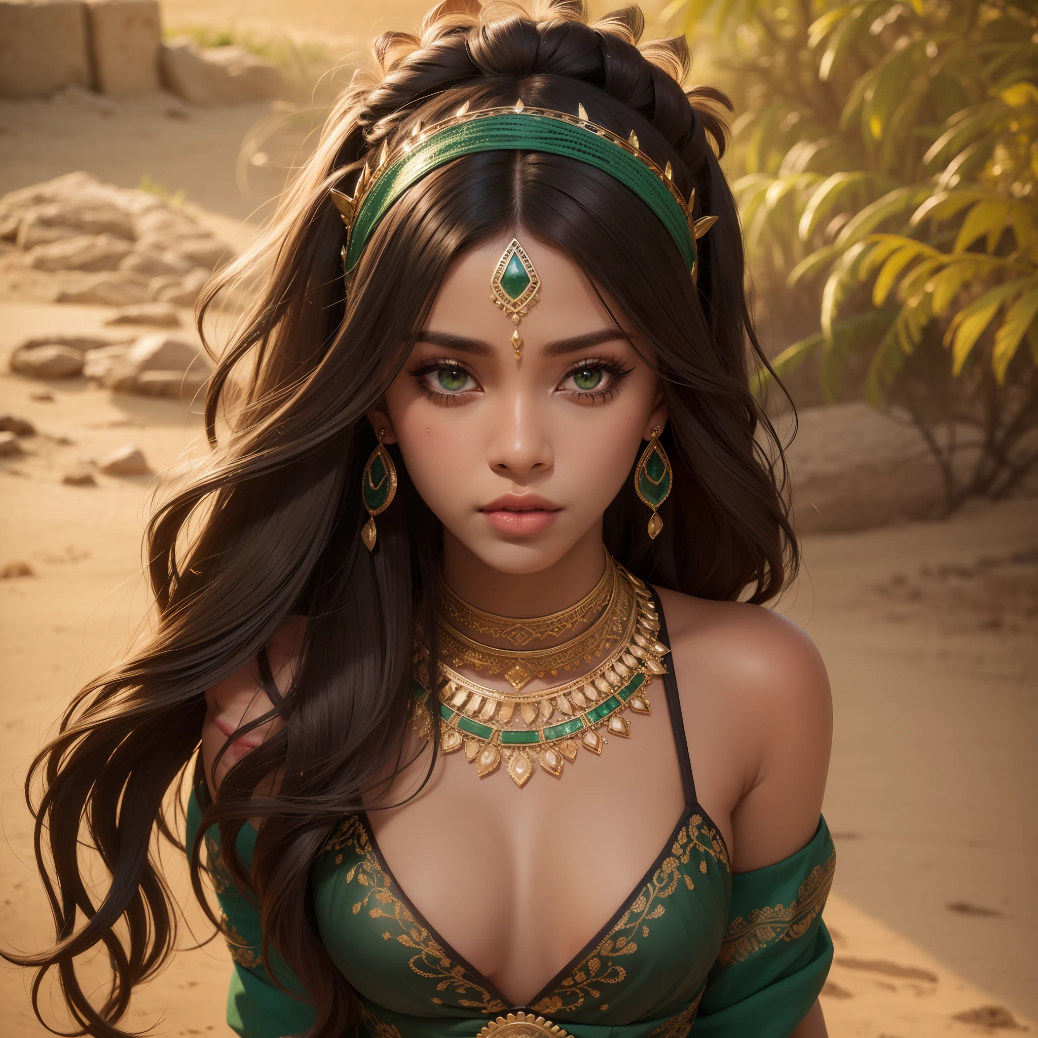 perfect green eyes, perfect face, perfect lighting, photoshoot, 1beautiful woman, brown skin, small breast, mature female wearing SSAHC, SSAHC, dark-skinned, colorful tribal dress, ((headdress)), thick eyelashes, makeup, eyeshadow, black wavy hair, oasis, desert detailed outdoor background, ultra realistic