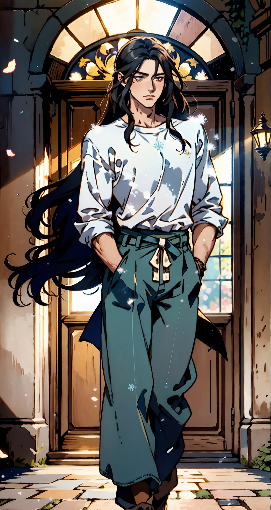 A young man with indigo long hair, long and straight hairstyle, looks up, a gentle expression, a tender gaze, a two-piece fantasy-realism style outfit, knitted shirt over a dark fitted undershirt, belted at the waist, long flowing hemline, matching trousers, the background shows a medieval fantasy-style street with snowflakes falling, this character embodies a finely crafted fantasy-realism in anime style, characterized by an exquisite and mature manga illustration art style, high definition, best quality, highres, ultra-detailed, ultra-fine painting, extremely delicate, professional, anatomically correct, symmetrical face, extremely detailed eyes and face, high quality eyes, creativity, RAW photo, UHD, 8k, Natural light, cinematic lighting, masterpiece-anatomy-perfect, masterpiece:1.5