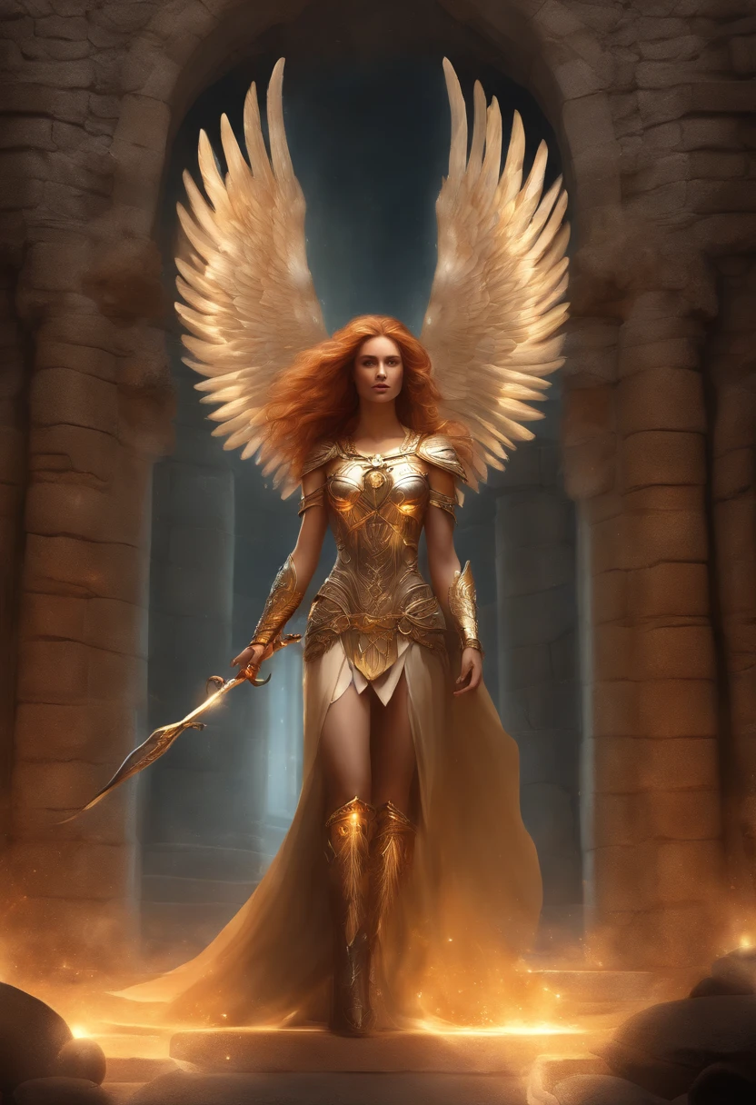 intricately detailed illustration of a holy Seraph, mystical glowy aura, celestial looking, (in a dungeon made of stones and bricks) long ginger hair strong winged woman, armor, backlit, front view, gorgeous muscular body, digital illustration, full body shot, fantastical, imaginative, visually rich, atmospheric, zoomed, illustration by MSchiffer, cartoonish vector, best quality, muted colors, manga, anime, ultra sharp focus,