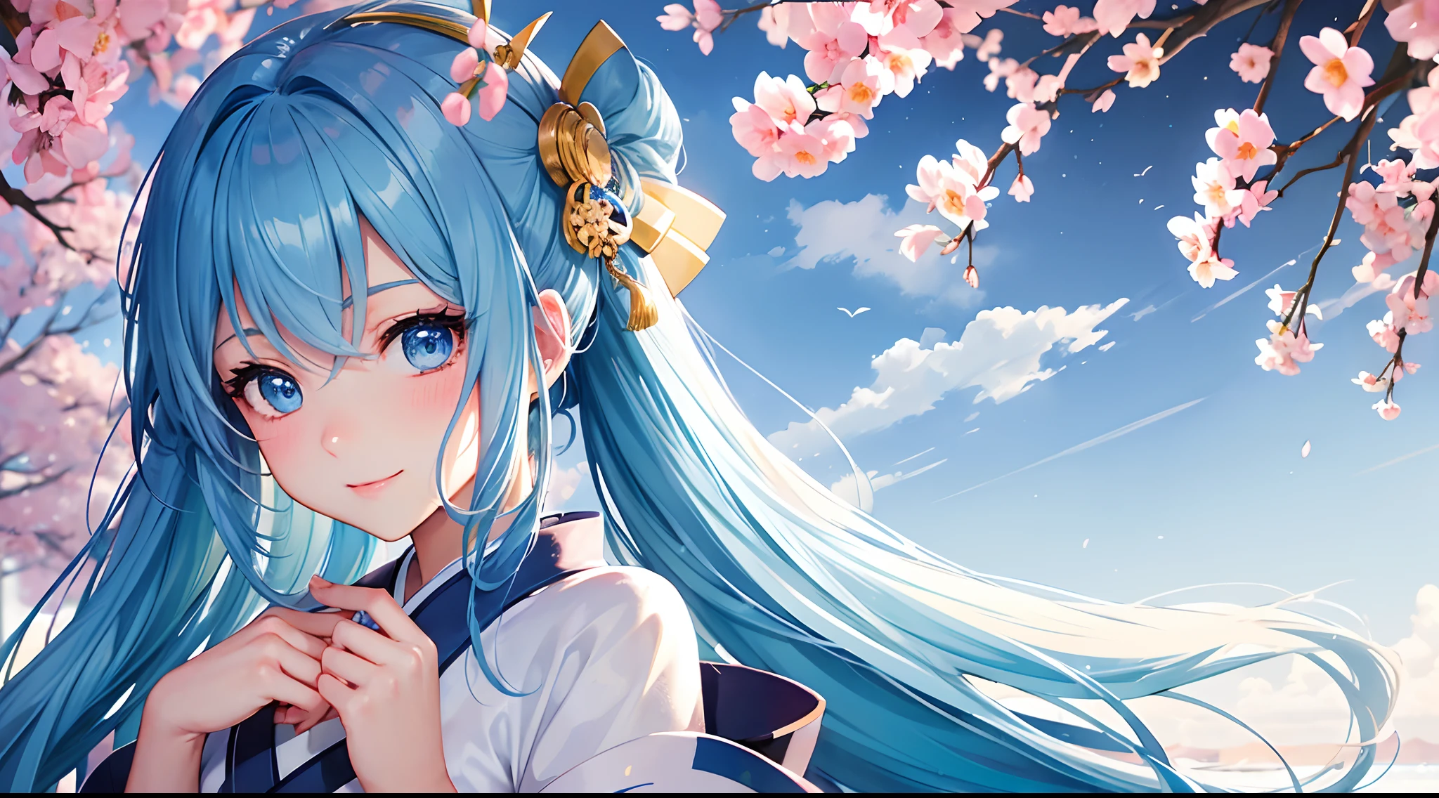 Best Quality, tmasterpiece, Cute girl at 18 years old, long light blue shiny hair, poneyTail,Detailed blue eyes,Kamimei ,Dynamism,Watercolor touch, Gentle face,Super smile, Taisho romance,Colorful kimono, Show your upper body, Shining sunlight