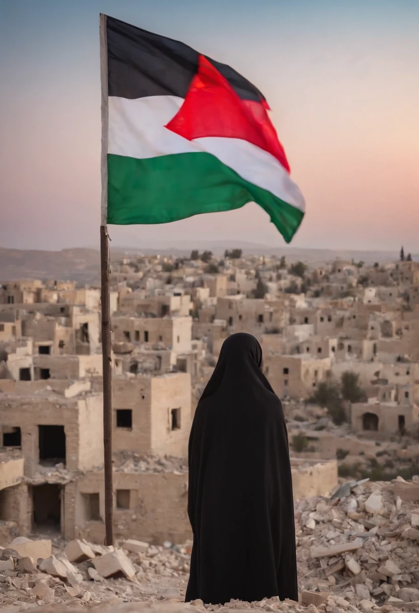 palestinian flag, sunset, stars, bombs, fire, destroyed, Palestine, beautiful girl in hijab, bloody, waving Palestinian flag looking at the rubble and destruction, somber, hope, Palestinian flag, hijab, muslim, HD,