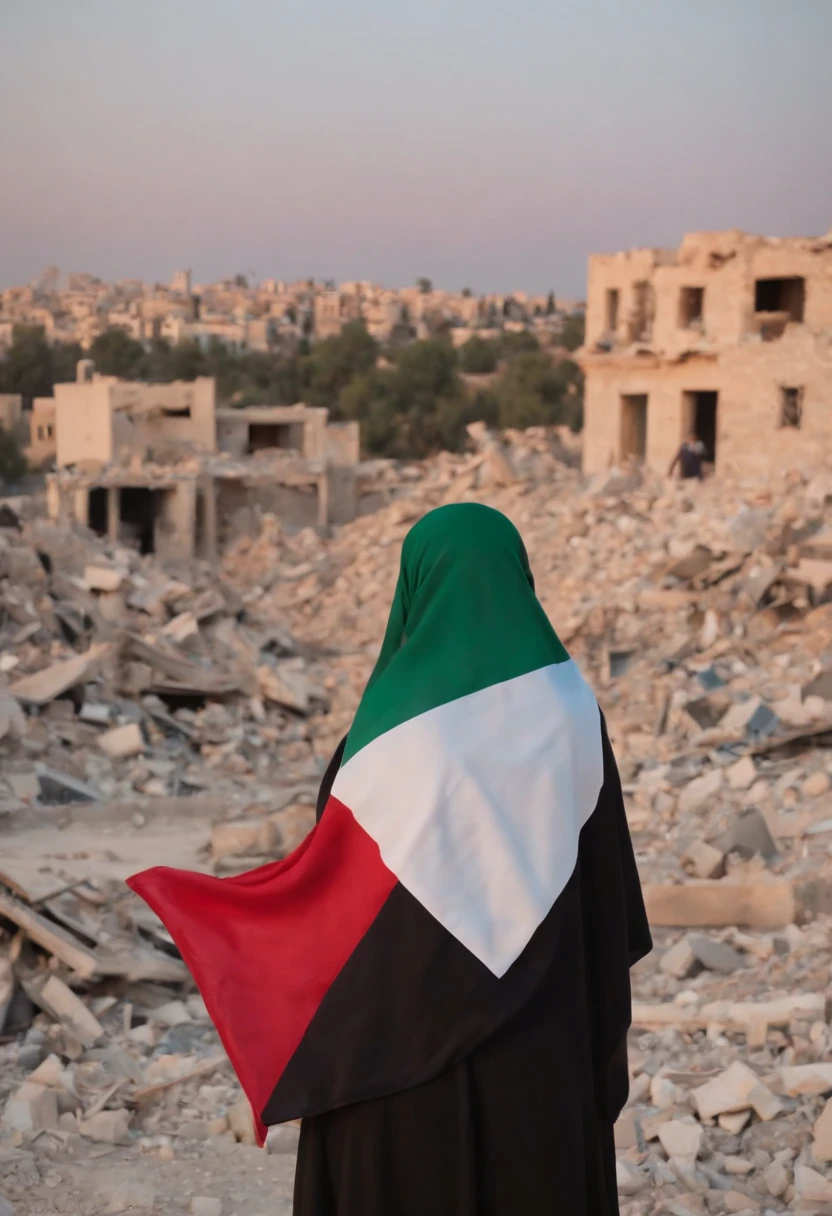 palestine flag, sunset, stars, Palestine earthquake, one little hijab girl from behind waving Palestine flag looking at rubble and destruction, somber, hope, Palestine flag, hijab, muslim