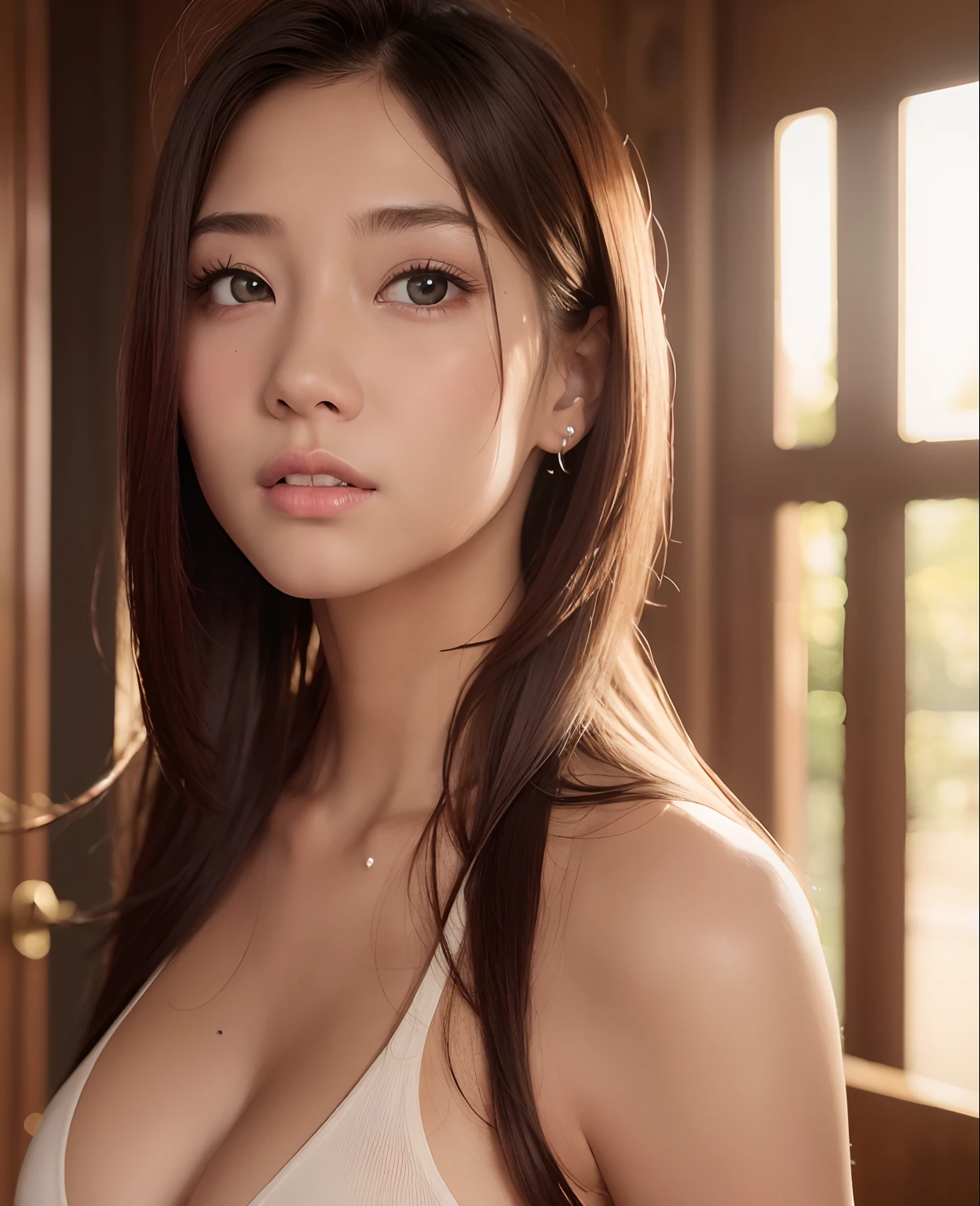 (Best Quality,8K,Realistic:1.37) ,Long hair,Brown hair, Colossal tits:1.5,Dim lighting,darkened room,a white bikini,Tight sweater clothes,Thin open eyes,Open mouth,Shyness,Depression,japanes,sun burn、(Tecateca、The sheen、shiny,Glossy,Muchimuchi),full of sweat,full of sweat,real looking skin,Ear-piercing