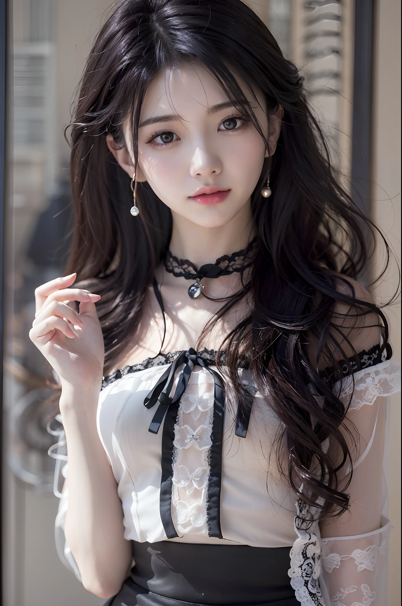 Girl VN01, Woman in white top and black lace skirt, Shoulder out、(black lace skirt)、鎖骨、Thin black velvet choker at neck..、gorgeous chinese model, full-body xianxia, Beautiful Asian Girl, Gorgeous young Korean woman, goddess of Japan, A smile、Wear ultra-realistic pantyhose、Korean Girl, cruel korean goth girl, Chinese girl, beautiful Korean women, Cute elegant pose, white and black, light milky white porcelain skin, Beautiful young Korean woman、realistic skin textures、shinny skin、Exposed thighs!!!