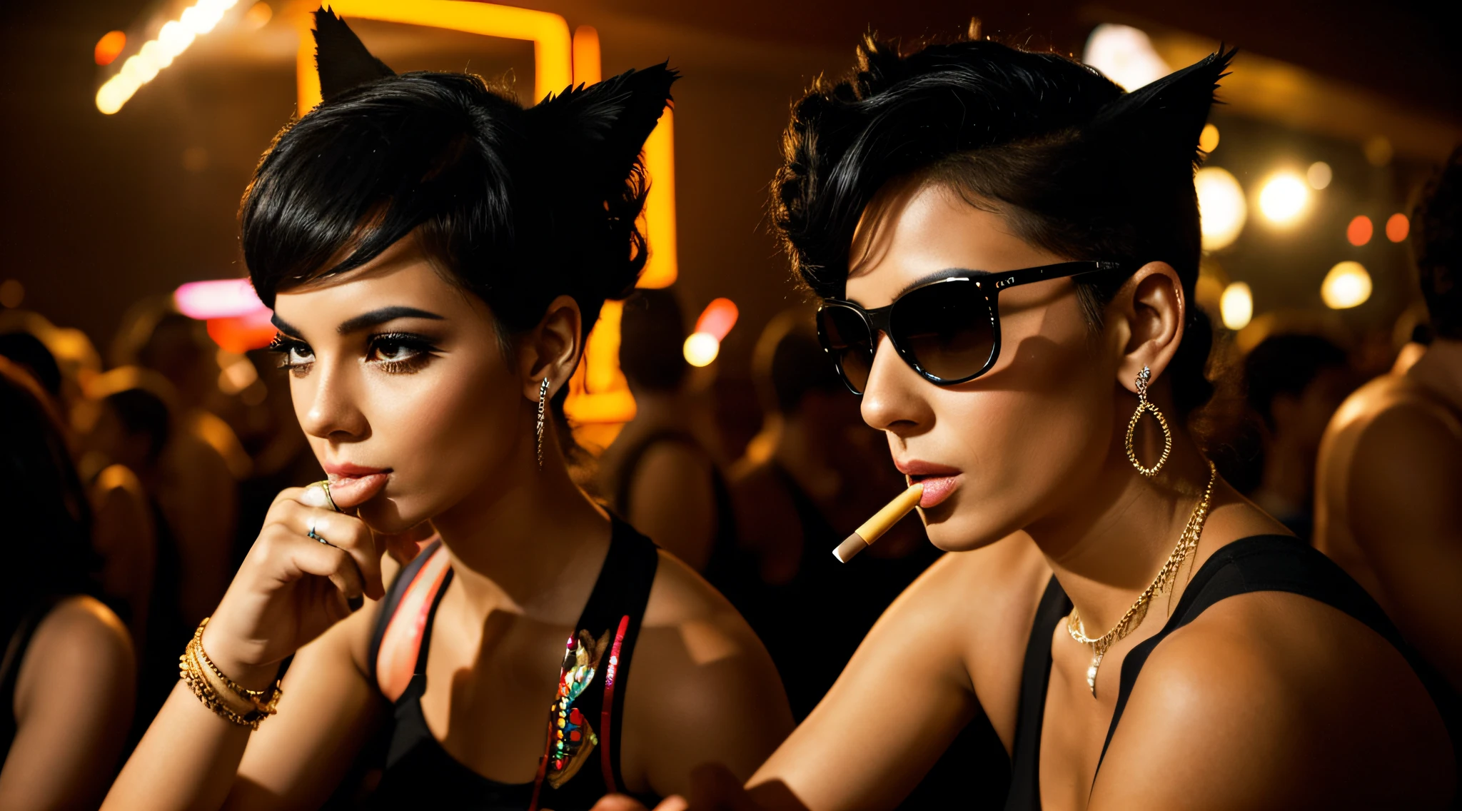 a human-cat , smokes cuban sigar ,wearring like a gagstar, dance ,in the club