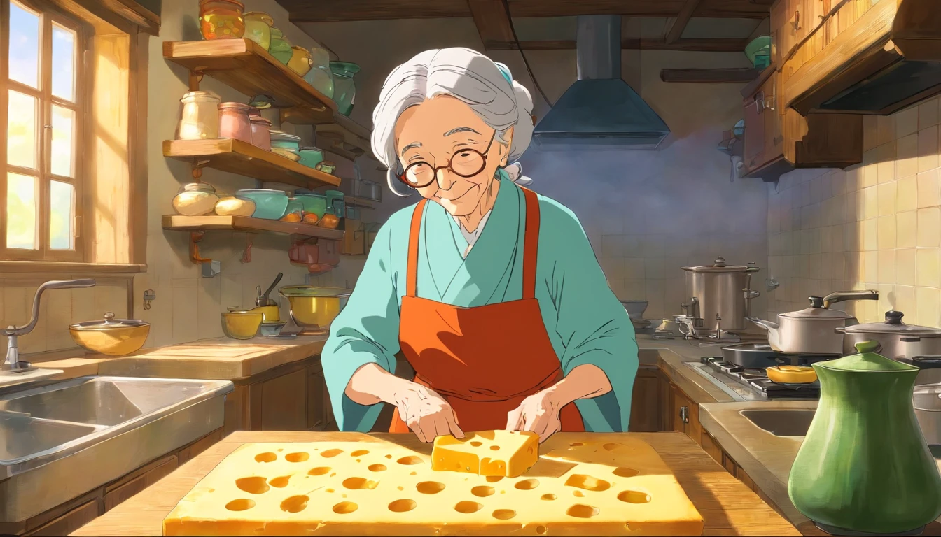The old woman cuts cheese in the kitchen