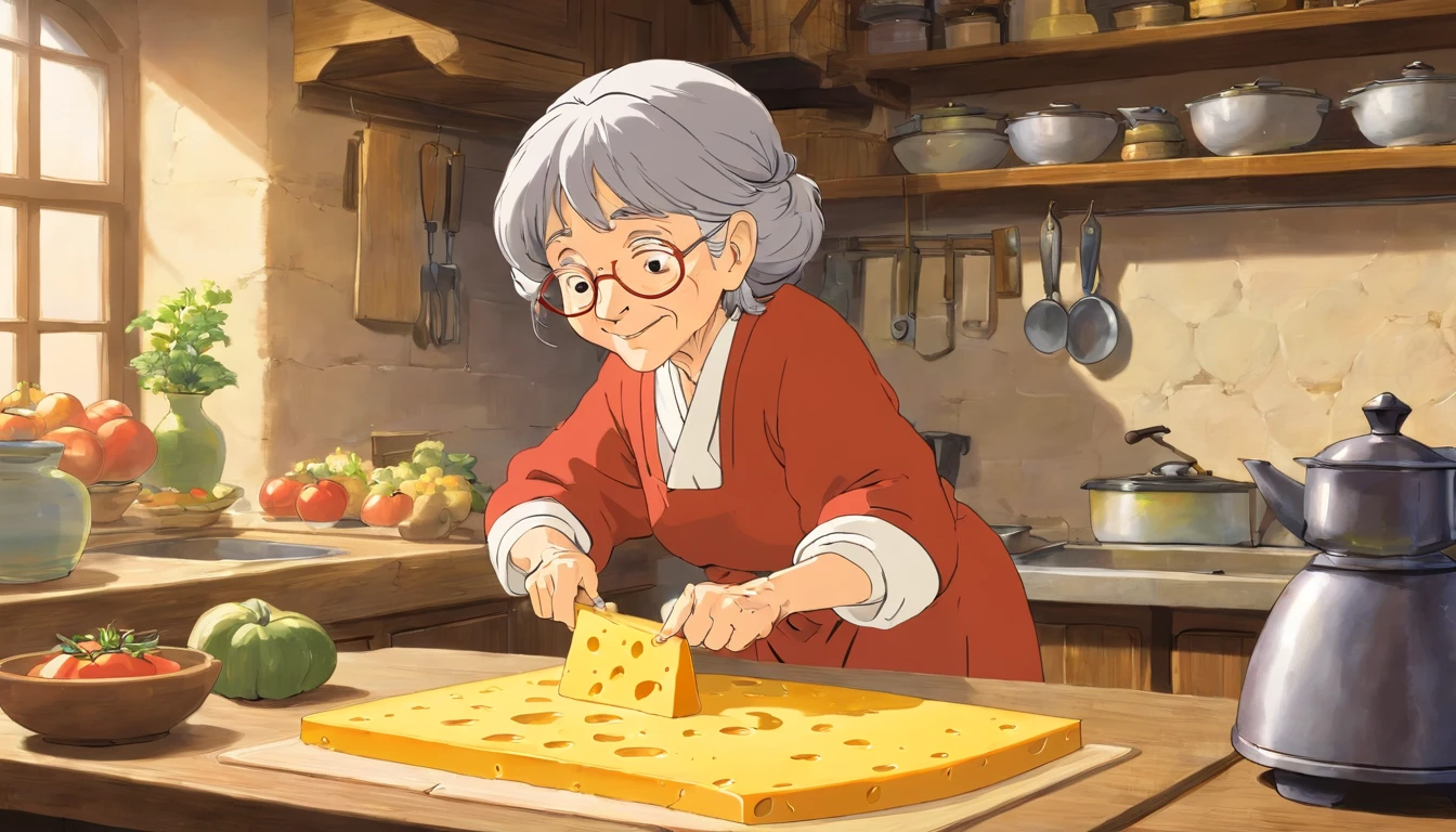 The old woman cuts cheese in the kitchen