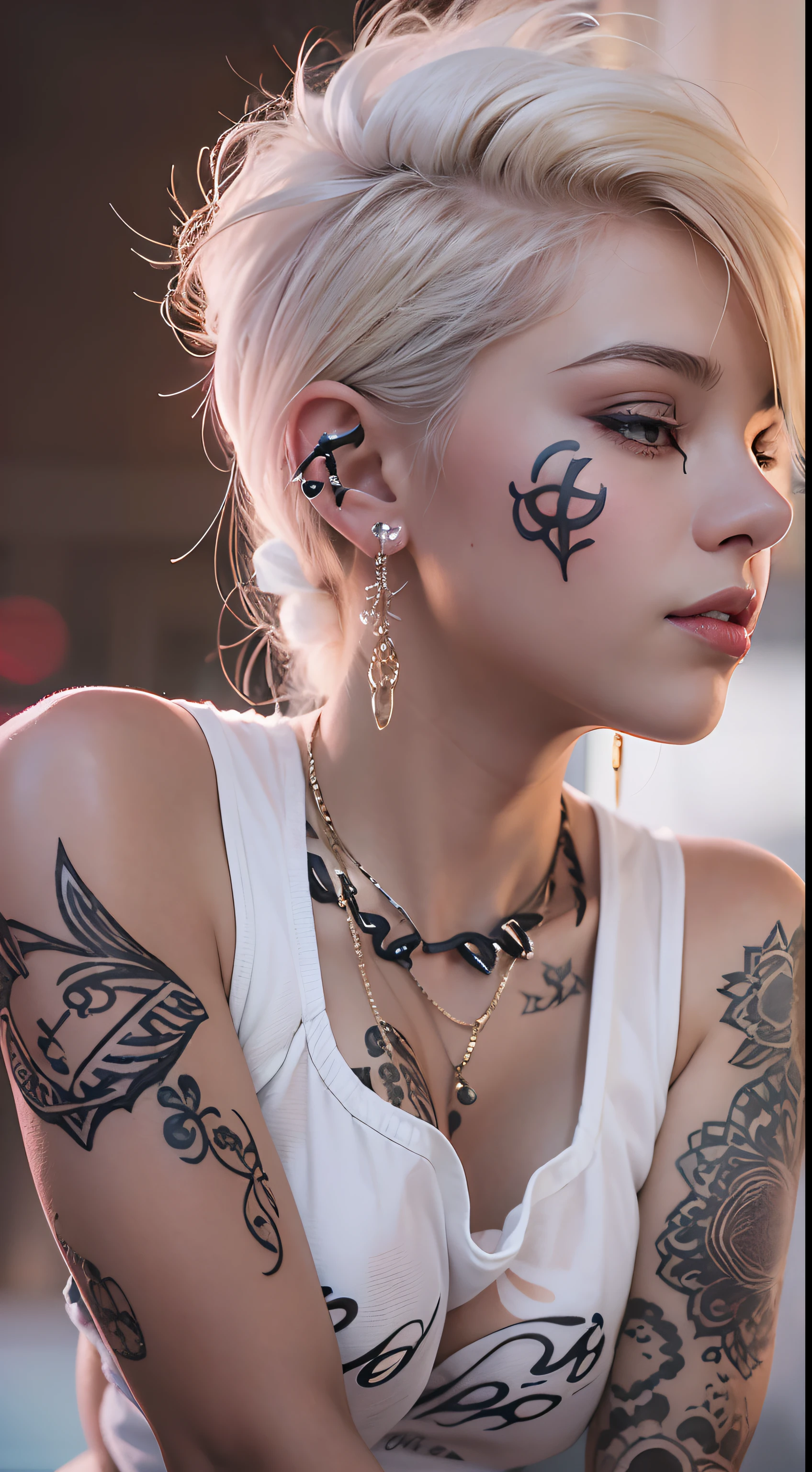 The prompts for the first theme are as follows::
"(best quality, 8k, 32k, masutepiece:1.3), ultra-detalhado, (fotorrealista:1.4), cores brancas, Albino, Garota Punk, Olhos detalhados, parte superior do corpo, Cabelo punk luxuoso, moda punk ousada, Maquiagem vanguardista, Numerosos piercings, Corpo fortemente tatuado, rua Fundo, Efeito de luz de fundo, profundidade de campo rasa, blurry background"