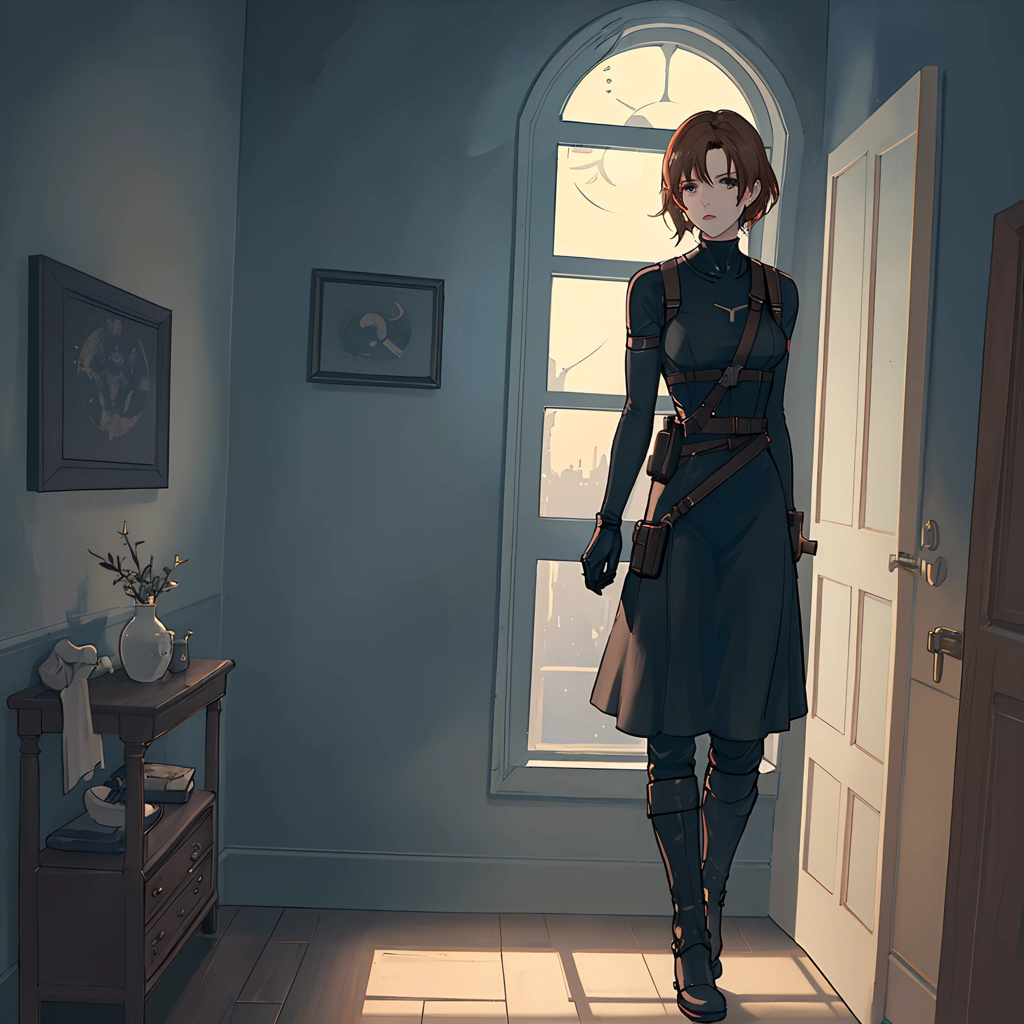 Resident evil save room with warm light, and window showing moonlight