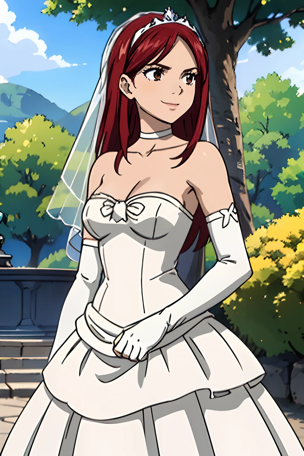 1girl hair between eyes, ahoge, brown eyes,red hair, star \(symbol\), hair ornament, dress, cleavage, bare shoulders, collarbone, long white elbow gloves, white gloves, white dress, white choker, strapless, tiara, veil, strapless dress, wedding dress, bridal veil, beautiful woman, perfect body, perfect breasts, wearing a wedding dress, ball gown, in the park trees, wedding decorations, a in love smile, realism, masterpiece, textured skin, super detail, high detail, high quality, best quality, 1080p, 16k