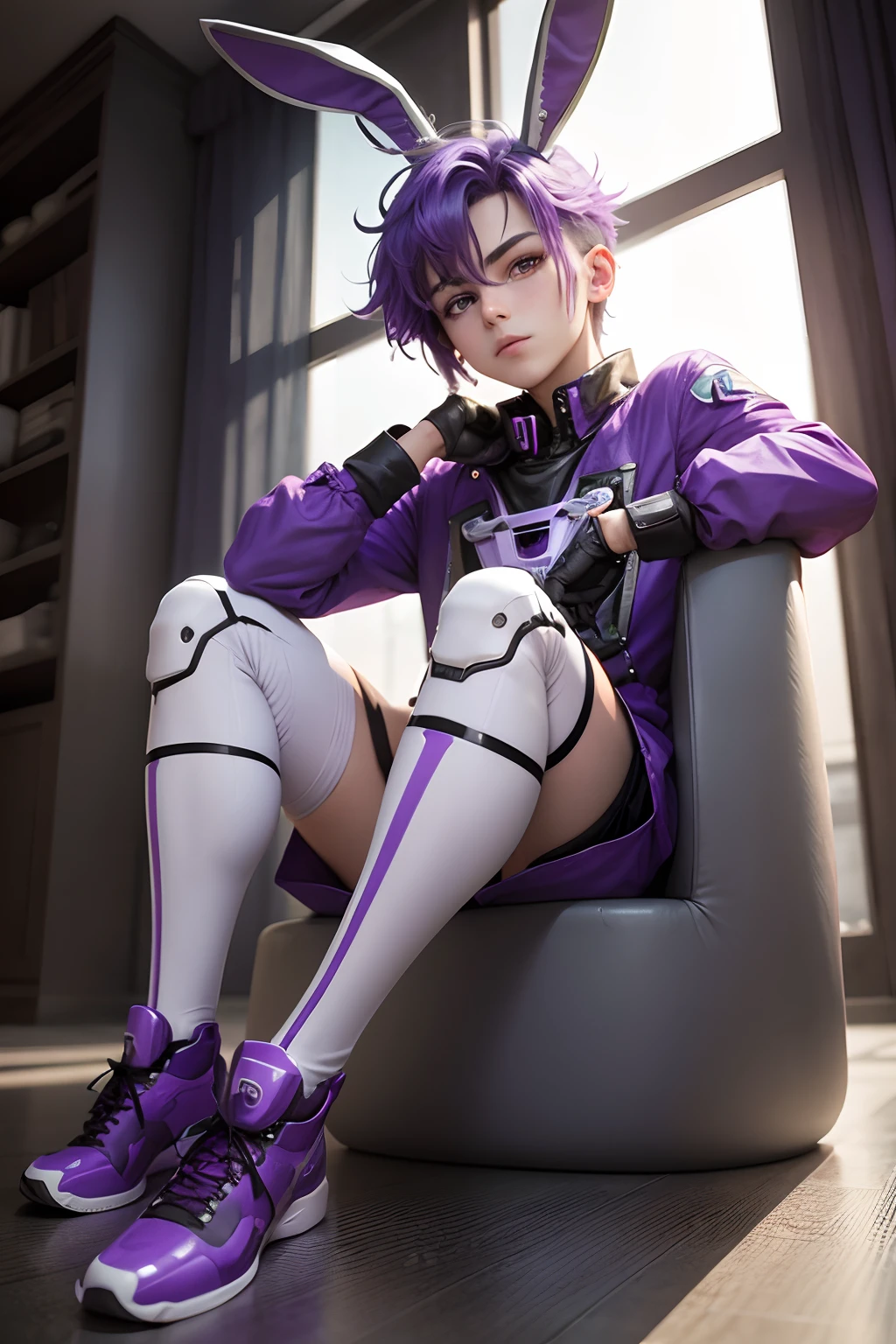 the bunny boy half robot, purple hair, sit pose,
