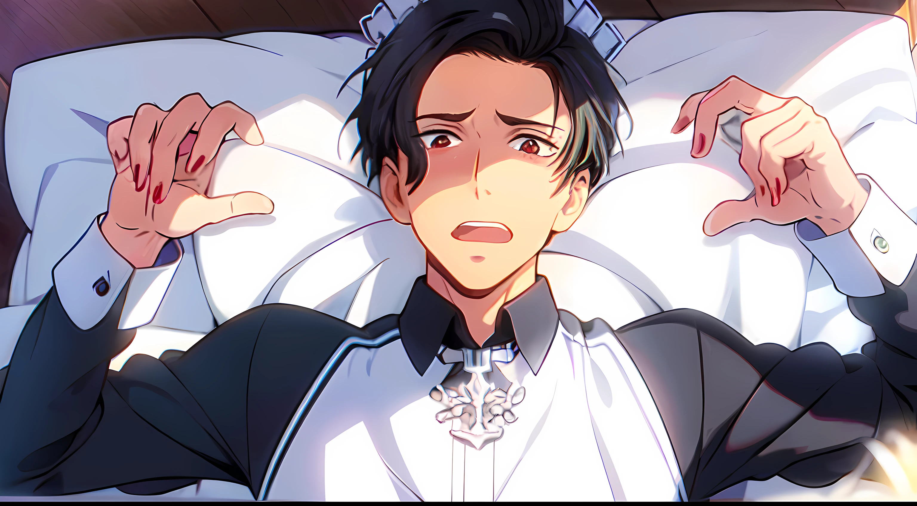 masterpiece, (1Man), luci, red eyes, black hair, maid outfit, maid head accessories, blushing, surprised, bed, bedsheets, dakimakura \(medium\)