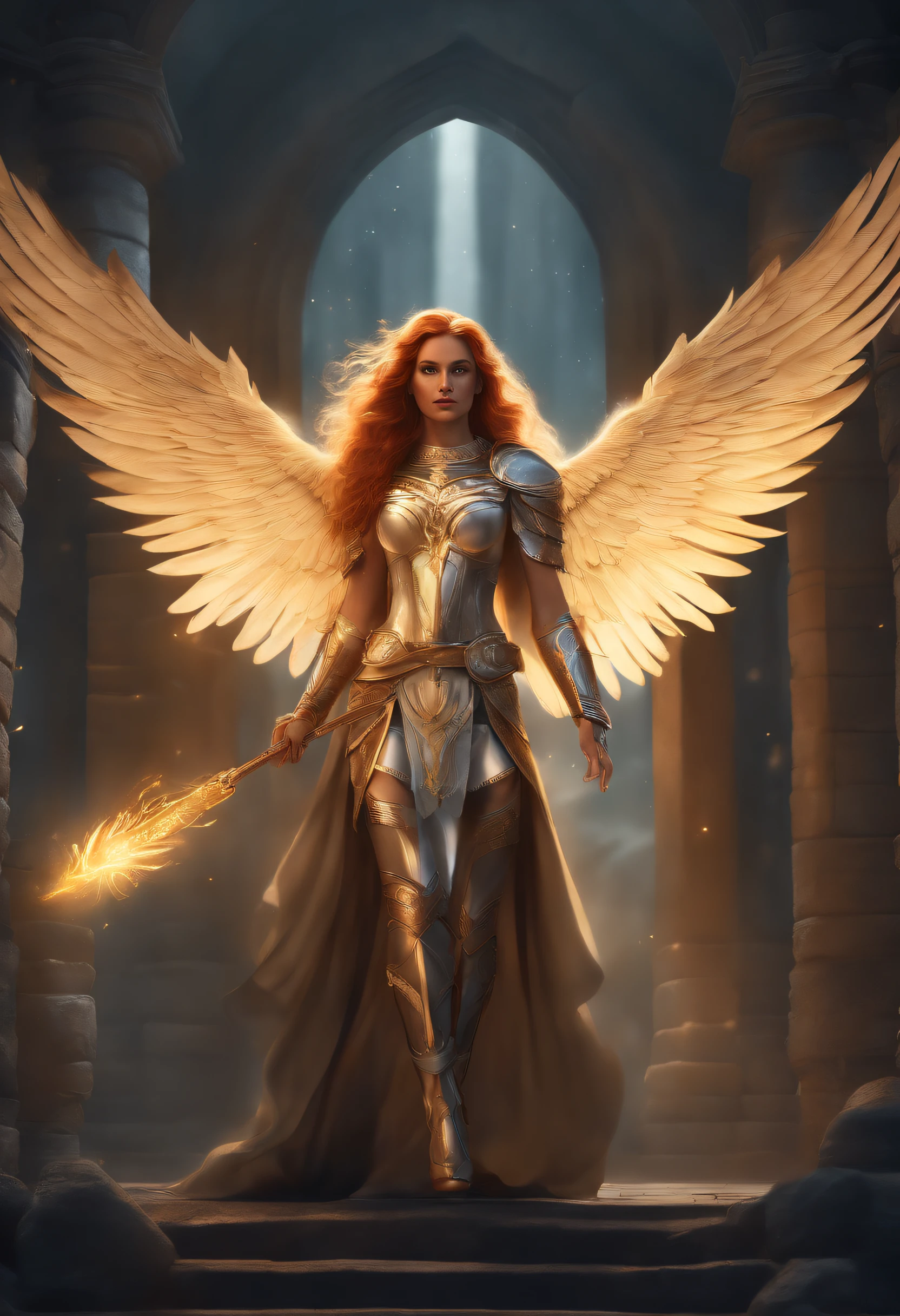 intricately detailed illustration of a holy Seraph, mystical glowy aura, celestial looking, (in a dungeon made of stones and bricks) long ginger hair strong winged woman, armor, backlit, front view, gorgeous muscular body, digital illustration, full body shot, fantastical, imaginative, visually rich, atmospheric, zoomed, illustration by MSchiffer, cartoonish vector, best quality, muted colors, manga, anime, ultra sharp focus,