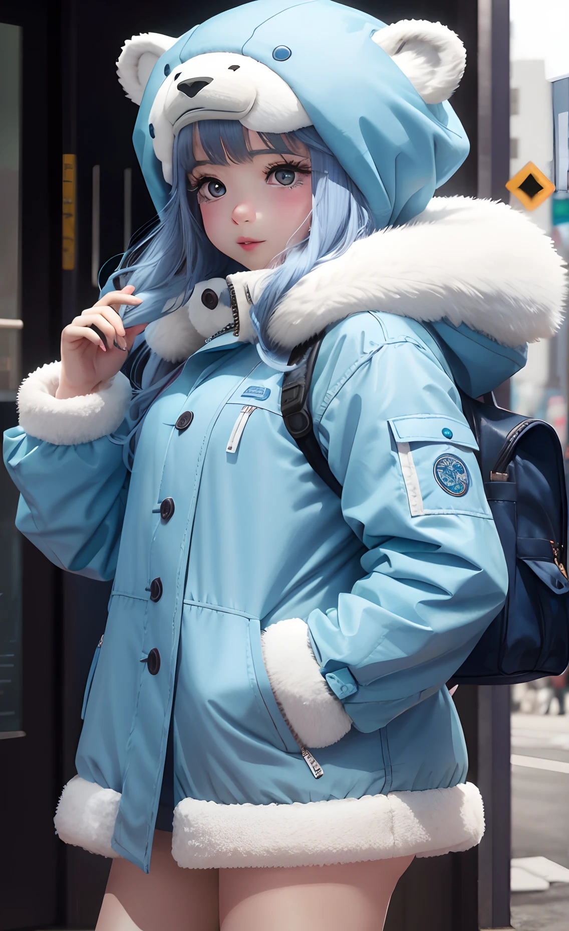Cute young girl, polar bear coat, hair colour blue white, super detail,