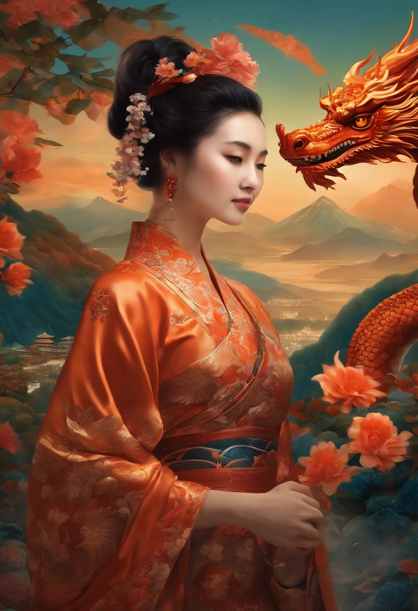 A Chinese woman and her dragon pets, bright lighting, flowering dress, intricate details, sharp focus, dynamic pose, complex background, fantasy landscape, light, intricate, filigree, clarity, dynamic lighting, clarity, high quality, sharp focus, realistic, beautifully painted, triadic colors, deep color, orange ratio, centered, symmetrical eyes, luminism, Hokusai Ukiyo e style wave. Chinese patterns.