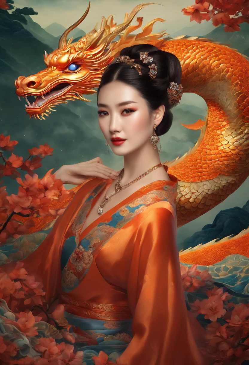 A woman stands next to a dragon, Chinese girl, long and flowing hair, Dragon in the background,, Hanging ornaments, Chinese fantasy，drak