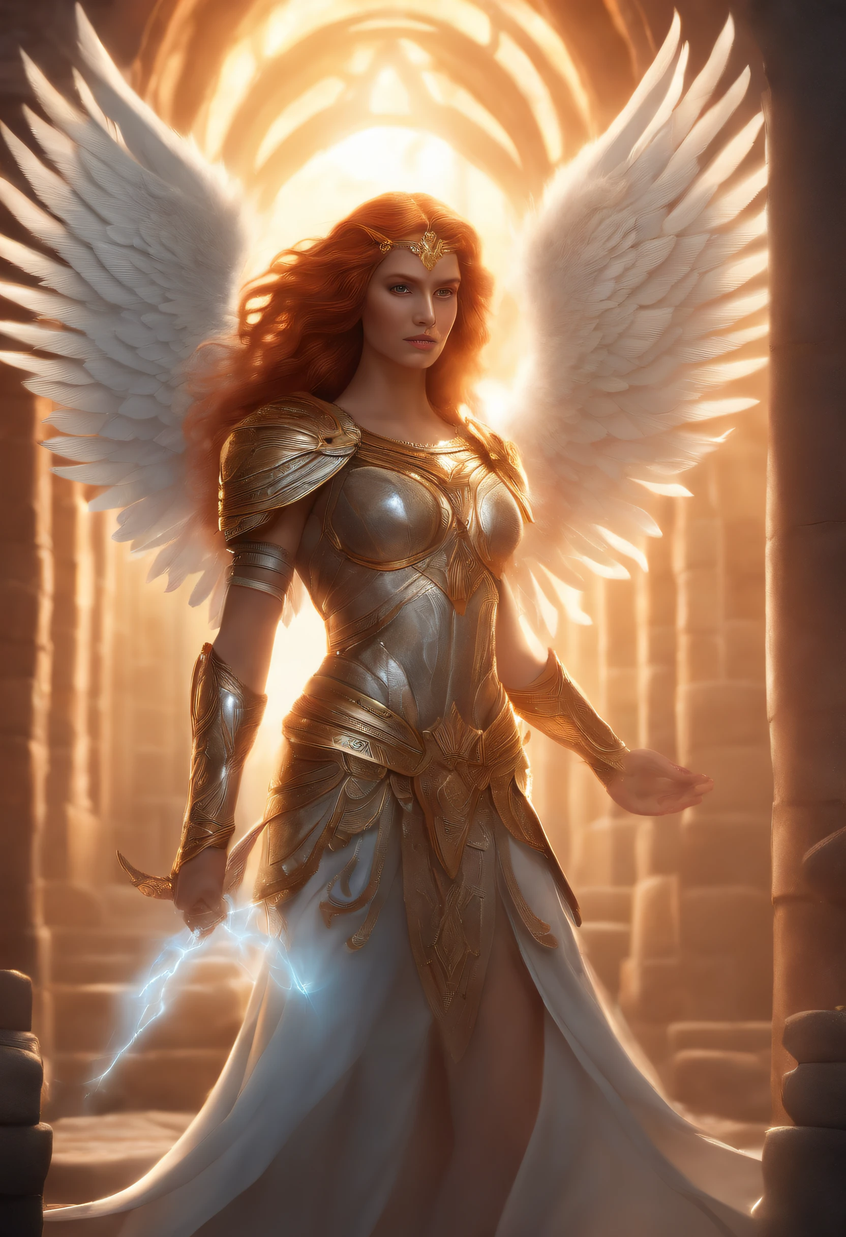 intricately detailed illustration of a holy Seraph, mystical glowy aura, celestial looking, (in a dungeon made of stones and bricks) long ginger hair strong winged woman, armor, backlit, front view, gorgeous muscular body, digital illustration, full body shot, fantastical, imaginative, visually rich, atmospheric, zoomed, illustration by MSchiffer, cartoonish vector, best quality, muted colors, manga, anime, ultra sharp focus,