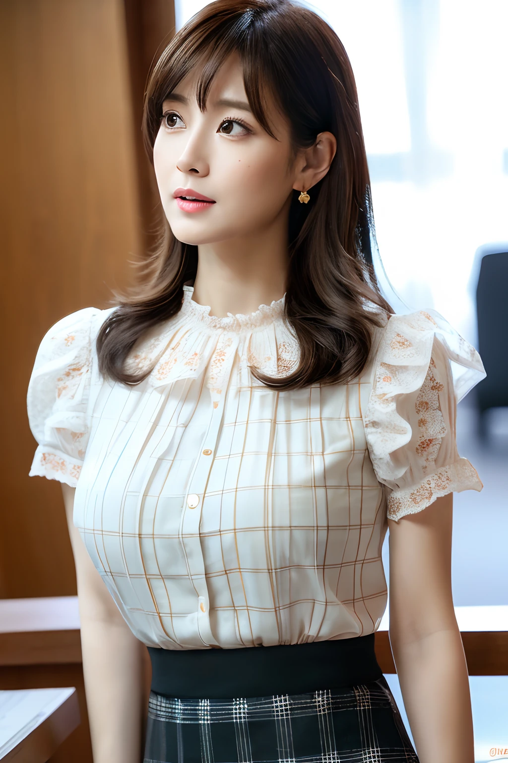 (8K, Raw photo, 超A high resolution, Best Quality, masutepiece:1.2), (Realistic, photographrealistic:1.3), (Highly detailed CG Unity 8k wallpaper), extremely delicate and beautiful, extremely detailed eyes and face and skin, Professional Lighting, Physically-based rendering, (professional photo of girl), Perfect Anatomy,
(Facial wrinkles:1.2), Solo, 1 girl, (40 years:1.2), (Famous female announcers of the Japan), Adult face, long straight brown hair without bangs,,, symmetrical clear black eyes, (Red) Arcuate lips,
Slender body, (Medium Hanging Breast), Narrow waist, medium hips, thin legs, Thin eyebrows, long eyelashes, 鎖骨,full bodyesbian:1.2,(huge tit:1.5)
Elegant fashion, Gorgeous fashion, wearing insanely detailed ((pale color) frilled blouse, (dark color) Check Short Pencil Skirt),
Drop Earrings, Farandall Long Necklace, Farandole Bracelet,
3 pm, Ginza,