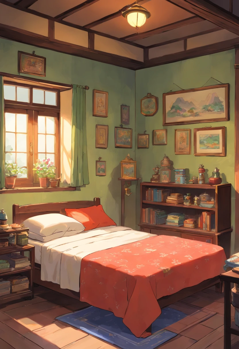Zhuang style room，natta，There are beds，There was a  boy sleeping on the bed covered with a quilt，Short black hair，There is a table next to the window，