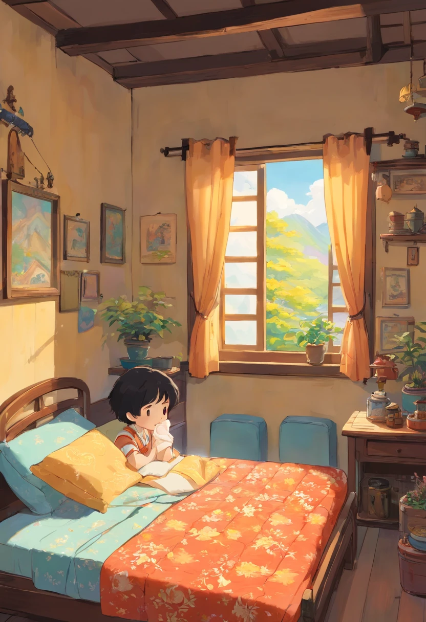 Zhuang style room,natta,There are beds,There was a boy sleeping on the bed covered with a quilt,Short black hair,There is a table next to the window,