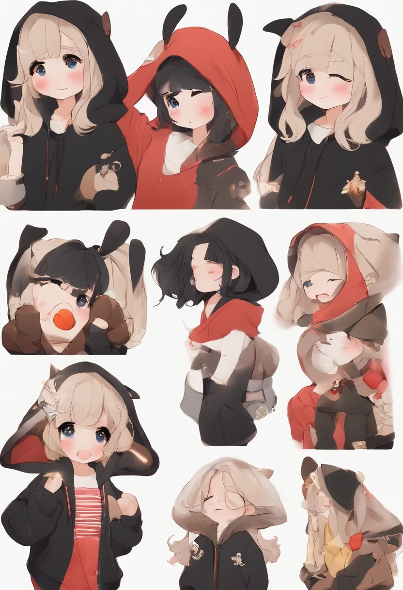 9 grids,9 emoji packs,Align 9 poses and facial expressions,
Oversized Hoodies,Short black hair、
1 cute girl、Disney style,Disney style,
Different gestures and facial expressions(Grieving,wonderment,having fun,invigorating,great laughter,Touch your head,Sell moe, wait)