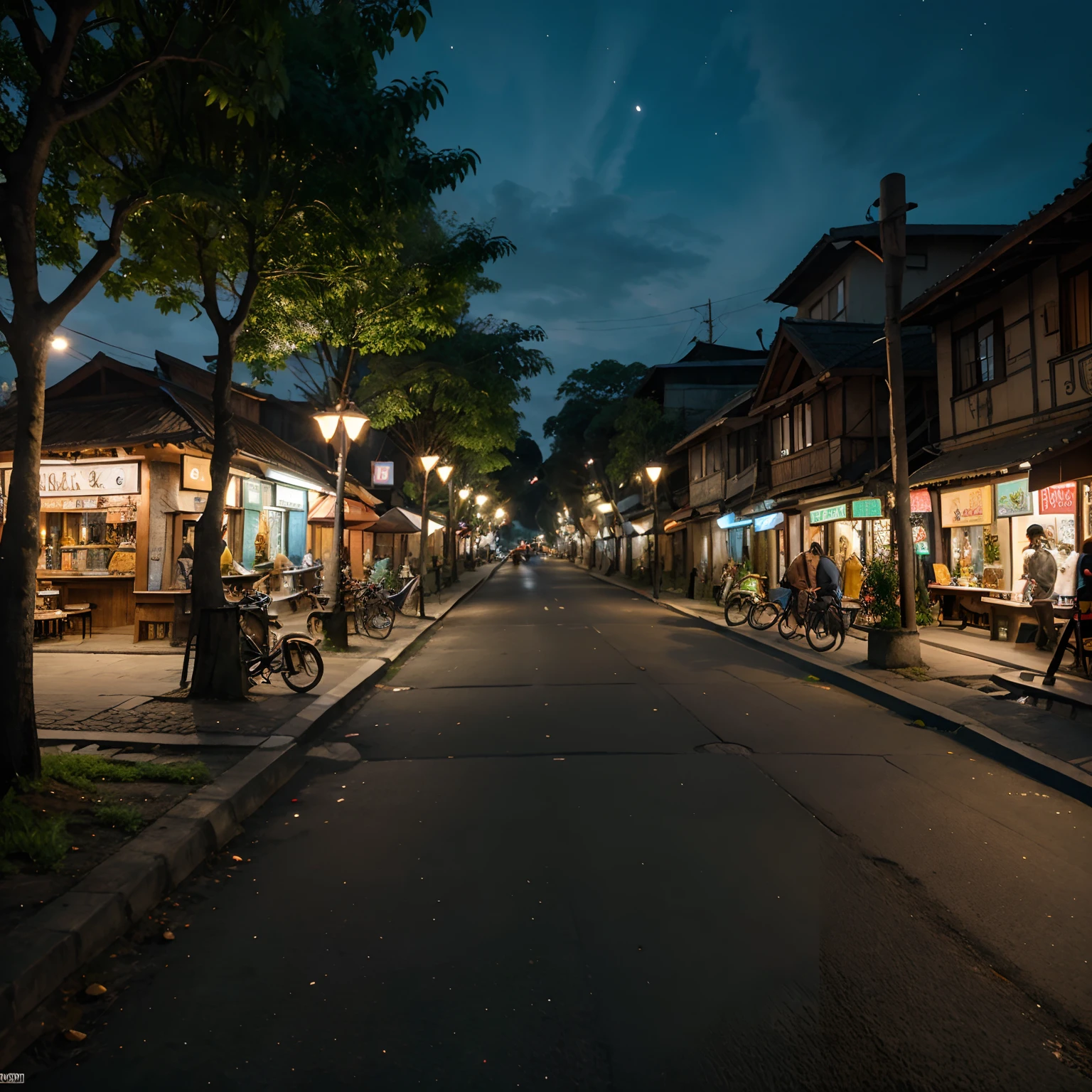 Indonesian Rural design :1.1,village pedestrianized street,blue cycle path,tree planting,street furniture,villagescape,traditional cafe,traditional store,night lights,vibrant colors,vernacular design)