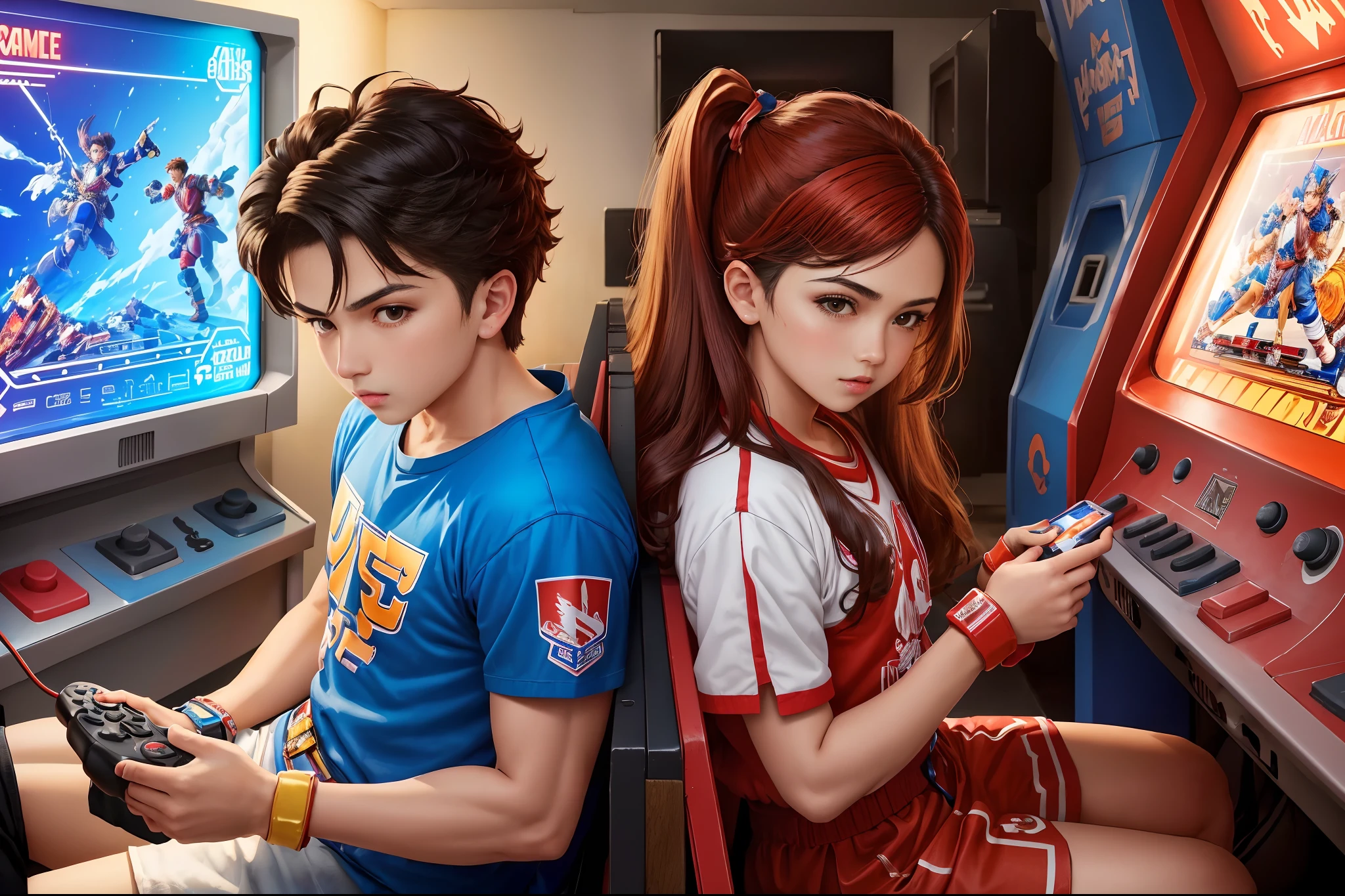 ((tmasterpiece))，((best qualtiy))，((The is very detailed：1.3))， A boy and a girl in the 90's popular arcade arcade, Play Street Fighter fighting games with passion, They stand in front of an arcade machine with a color display, Showcasing the game's exciting visuals. There is a strong sense of nostalgia in the air. The arcade is brightly lit, The walls are decorated with classic game posters and three-dimensional models of game characters, The little boy holds the joystick of the arcade machine, Manipulate his characters quickly and skillfully, Display gorgeous combos and skills on the screen, (fang, anime style, wide shot, sideways, 8k, super detail, ccurate, best quality, anatomically correct, highres, Bright colors，Global illumination)