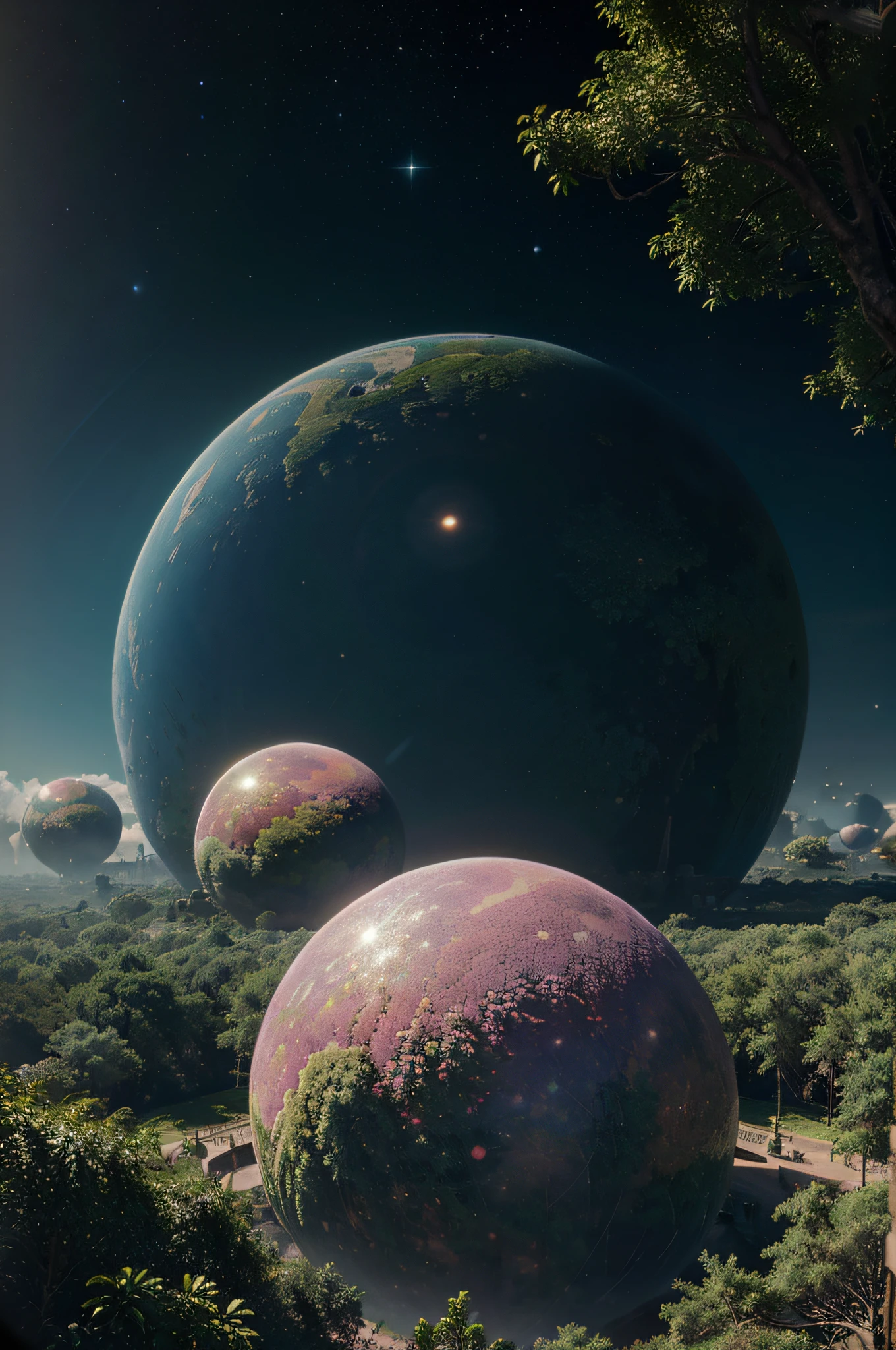 (((Masterpiece))) (((Best quality))) glass orbs, A close-up of a planet,There is a bunch of trees on it, Overgrown planet, Green Planet, fractal world, fantasy overgrown world, fantasy planet, dyson sphere, Pink Planet, 3D rendering of bittels, planetarylandscape, The round planet is inspired by the Jofra Bosschart, planetes, epcot, Psychedelic Flower Planet, ethereal world, (Glow on the outside)