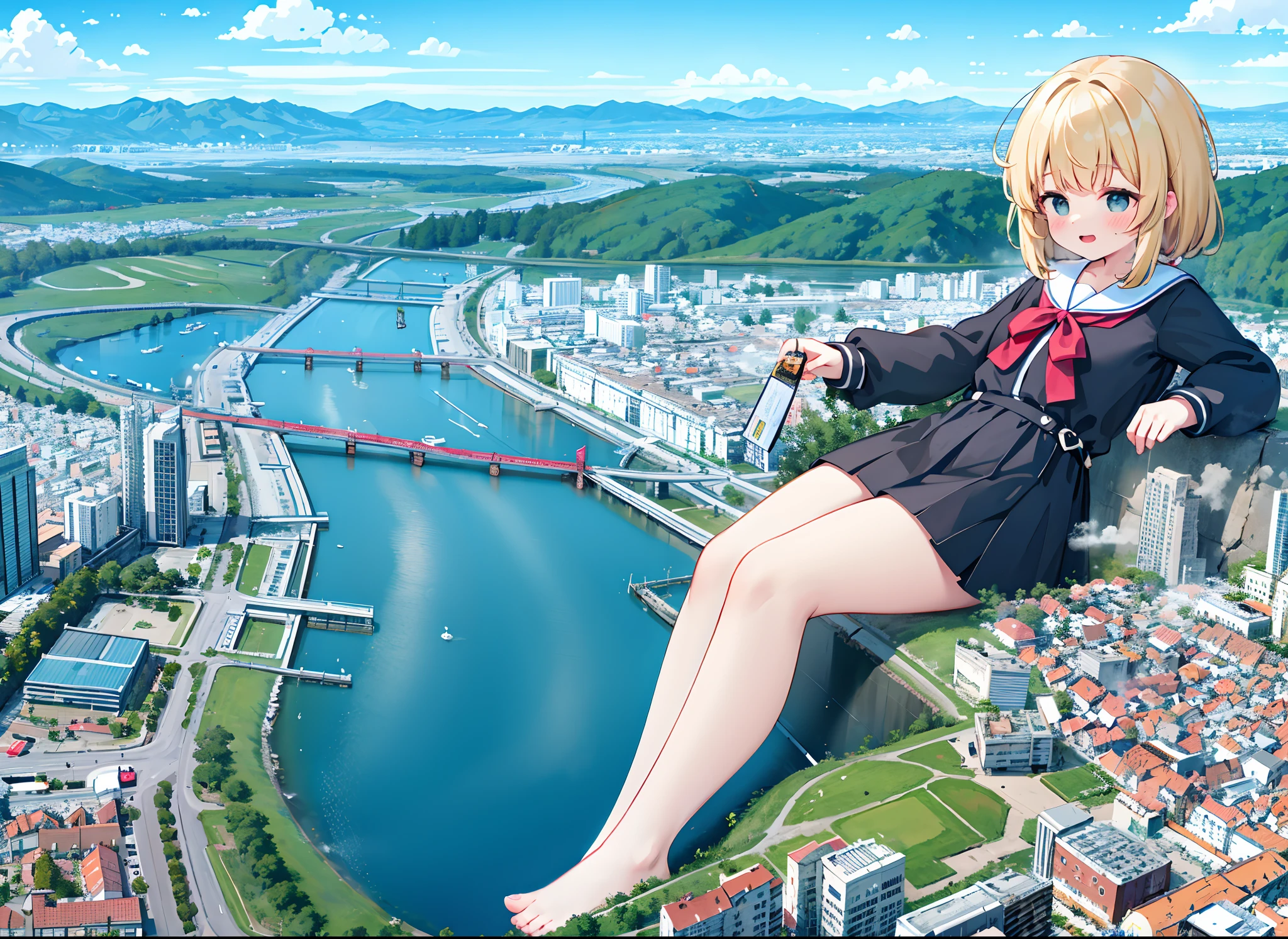 1girll,，Clouds， view over city， mountain ranges， Masterpiece, Best quality, Highly detailed,Masterpiece,Best quality,offcial art,Extremely detailed Cg Unity 8K wallpaper，{{{Giantess}}}，Giant，1girll，{Black stockings}，modern miniature city，A cold expression，Sit on a modern miniature city，Destroyed buildings，looking toward the viewer，The feet emit steam，Smash the city，