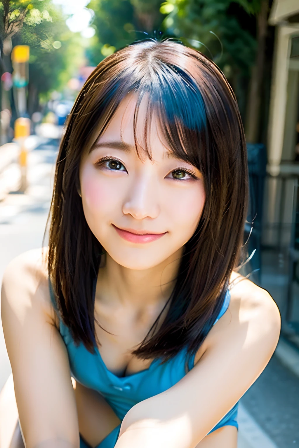 (Skin blemishes:1.2), (Skindentation), Black eye, 1womanl, 25-years old, ((femele))), 独奏, realisitic, top-quality, Photorealsitic, masterpiece, 8K, hight resolution, 独奏, extra detailed face, (profetional lighting、bokeh dof), (light particules、lensflare、Luminous particles:0.6), (dynamicposes:1.2), Soft lighting, Top Angle View, Fashionable and trendy atmosphere, jpn, a street, TOKYOcty, The city, ((during daytime)), Skysky, ((Look at viewers:1)), (looking in camera),(portlate:0.6), Keep the original facial proportions, broad shoulder, full body Esbian, (tiny chest), (Middle hair), brown haired, Floating hair, s lips, lipsticks, seducting smile, Floating hair, A smile, Open_Mouth, tusk, (fullnude), Eye lashes, Mole, (Mole under the eyes:1),spreading legs、Pubic area、wears glasses、Competitive swimsuit、atlibrary