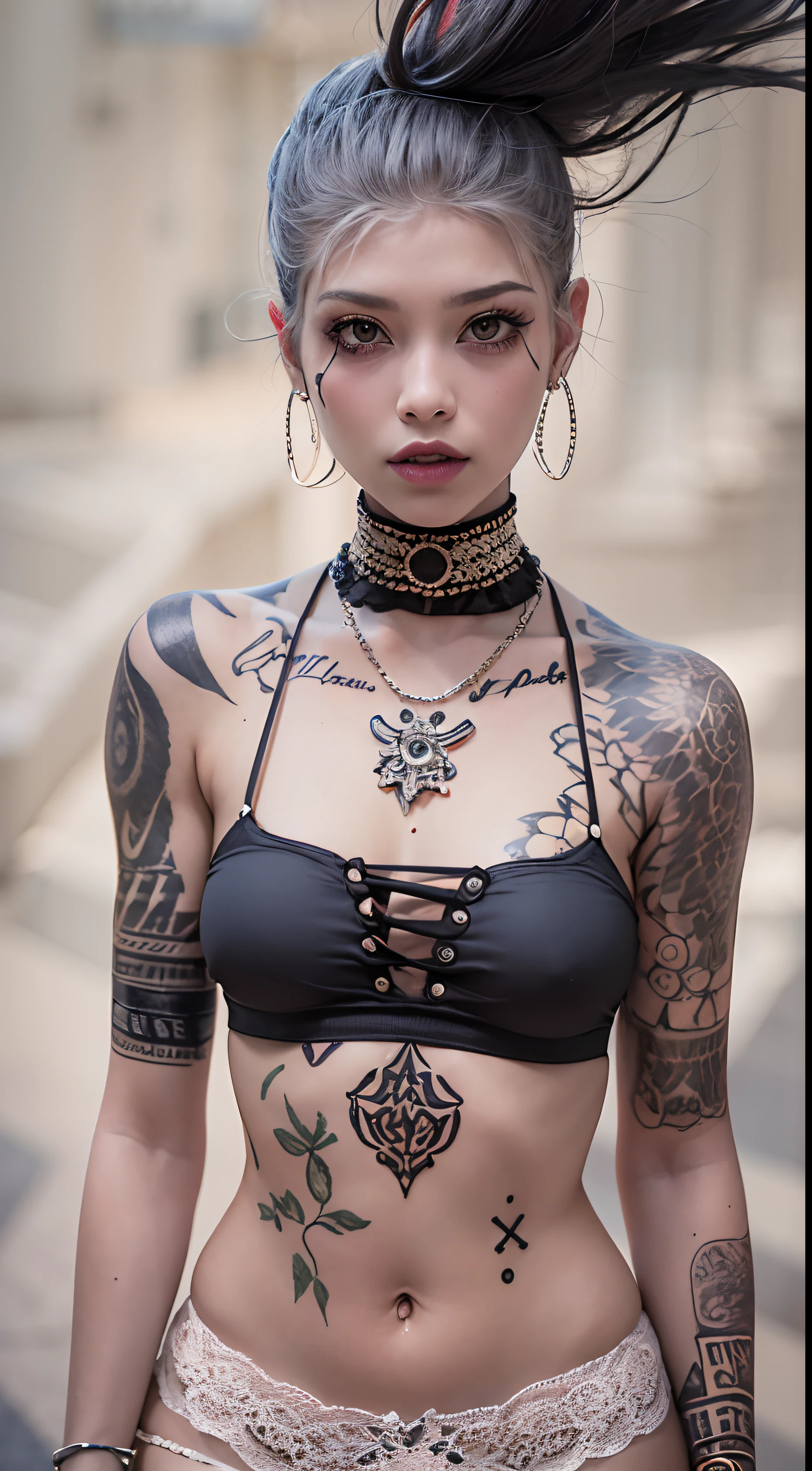 The prompts for the first theme are as follows::
"(best quality, 8k, 32k, masutepiece:1.3), ultra-detalhado, (fotorrealista:1.4), cores brancas, Albino, Garota Punk, Olhos detalhados, parte superior do corpo, Cabelo punk luxuoso, moda punk ousada, Maquiagem vanguardista, Numerosos piercings, Corpo fortemente tatuado, rua Fundo, Efeito de luz de fundo, profundidade de campo rasa, blurry background"