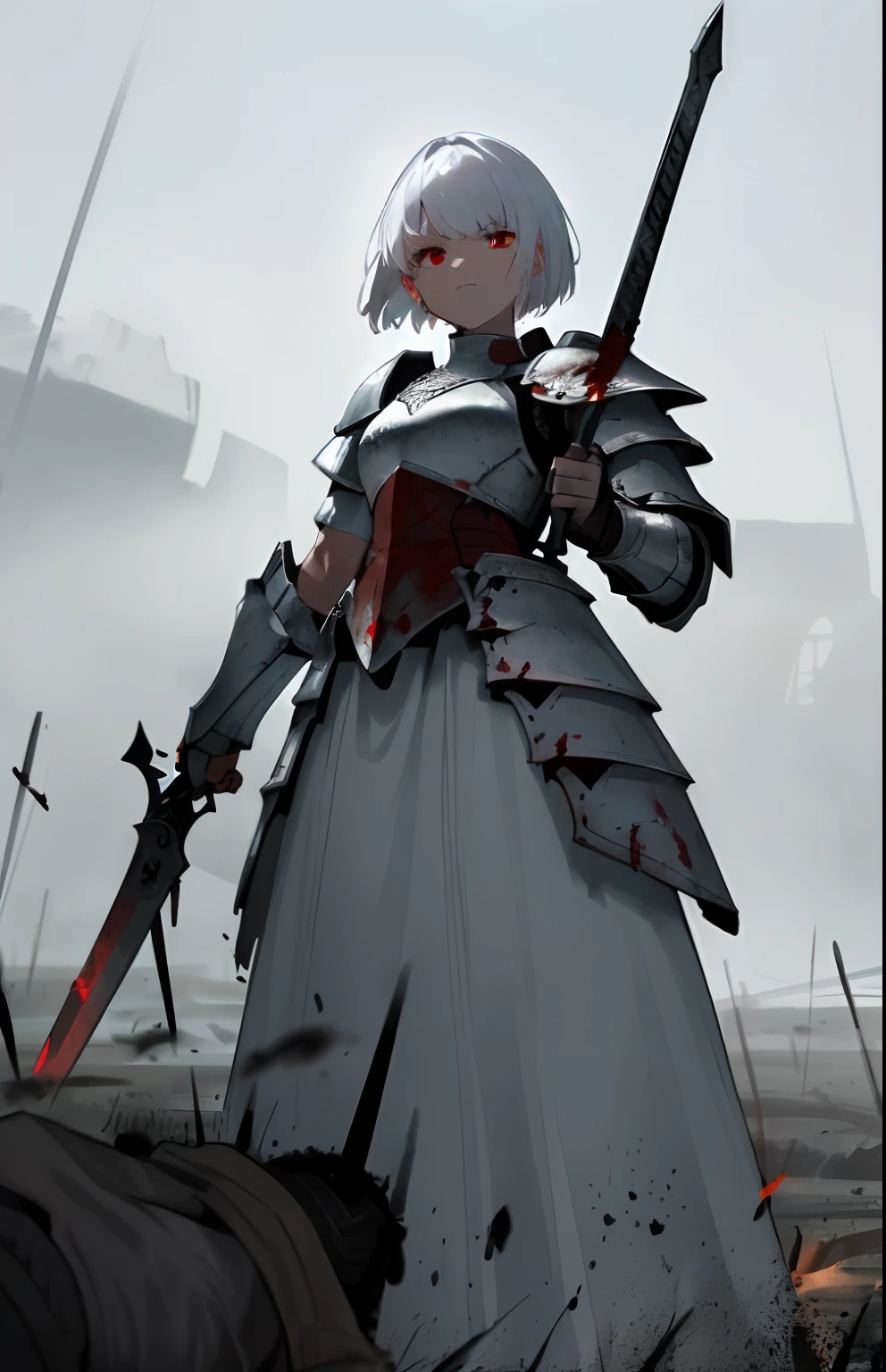 (a girl,white hair,short hair,red eyes,war scene),armour, bloody splashes,white armored dress,white heavy armor,war zone,pure white armor,battlefield,war ravaged landscape,battle scars,brutal warfare,grim atmosphere,gritty battle,medieval setting,white-hot battle,bloody battlefield,dark clouds,surrounded by destruction,white warrior,serene determination,warrior princess,courageous demeanor,war-torn kingdom,fierce fighting,shattered weapons,steel sword,battle-ready armor,defiant expression,emotionless eyes,haunted gaze,splattered blood,commanding presence,fearless stance,warrior spirit,apocalyptic conflict,white armor reflecting light,warrior in the midst of chaos,standing tall amidst the carnage,unstoppable force,dimly lit battlefield,muted color palette,ominous shadows,illuminated by burning embers,menacing aura,unleashing power,lone warrior,white knight,stand against darkness,cruel battlefield,overwhelming odds,fight for justice.