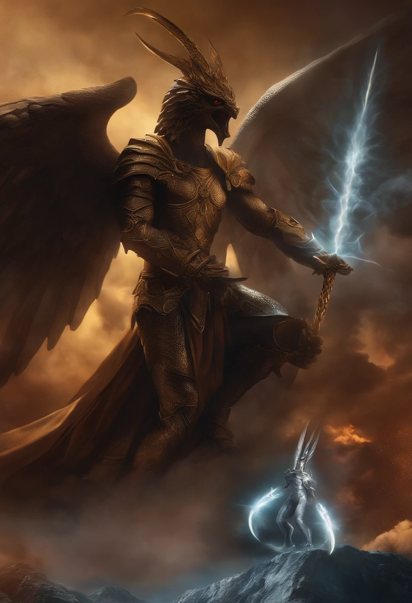 St. Michael the Archangel vs Dark Dragon staring at each other, olhos claros brilhantes, Biomechanicals, estranho, assustador, Pesadelo, cores muito brilhantes, light particles, com luz brilhante, Mshiff, Arte do papel de parede, Papel de parede UHD