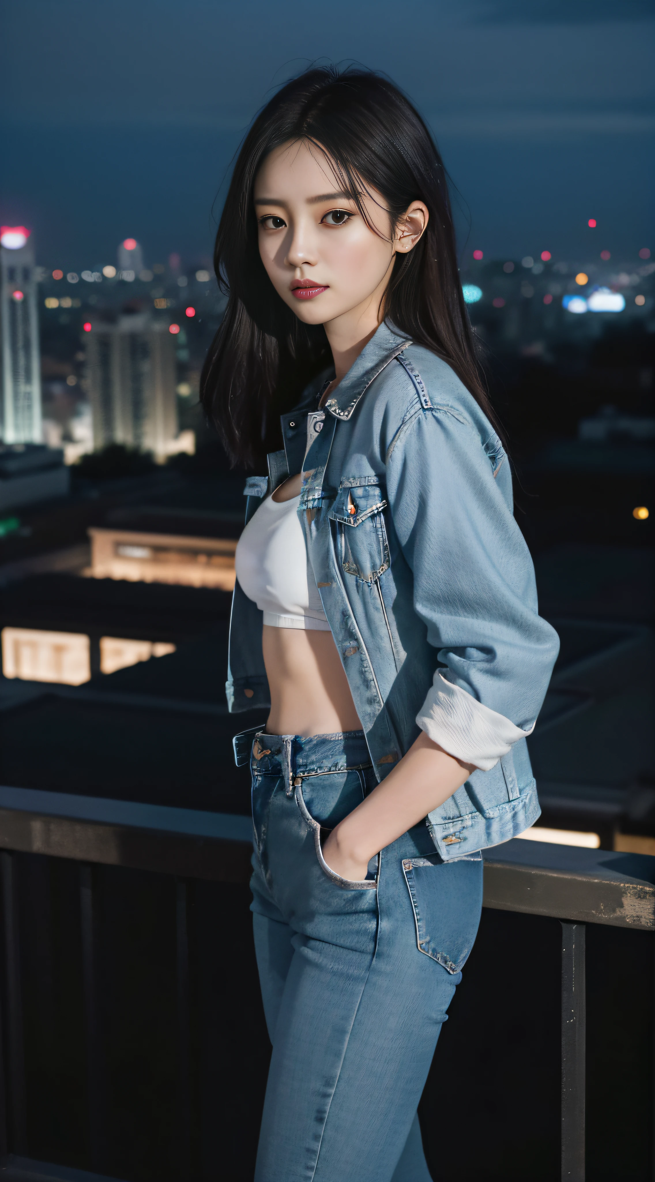 A Chinese woman on the rooftop of a tall building at night, delicate face, bright, real girl, large aperture, wearing jeans, skinny jeans, cropped jeans, cropped tops, tights, denim jackets,