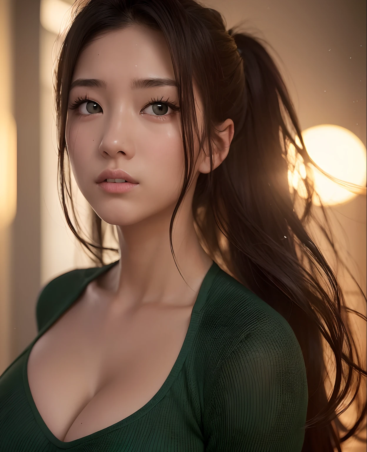 (Best Quality,8K,Realistic:1.37) ,Long hair,Brown hair, Colossal tits:1.5,Dim lighting,darkened room,Green bikini,Tight sweater clothes,Thin open eyes,Open mouth,Shyness,Depression,japanes,sun burn、(Tecateca、The sheen、shiny,Glossy,Muchimuchi),full of sweat,full of sweat,real looking skin,Ear-piercing