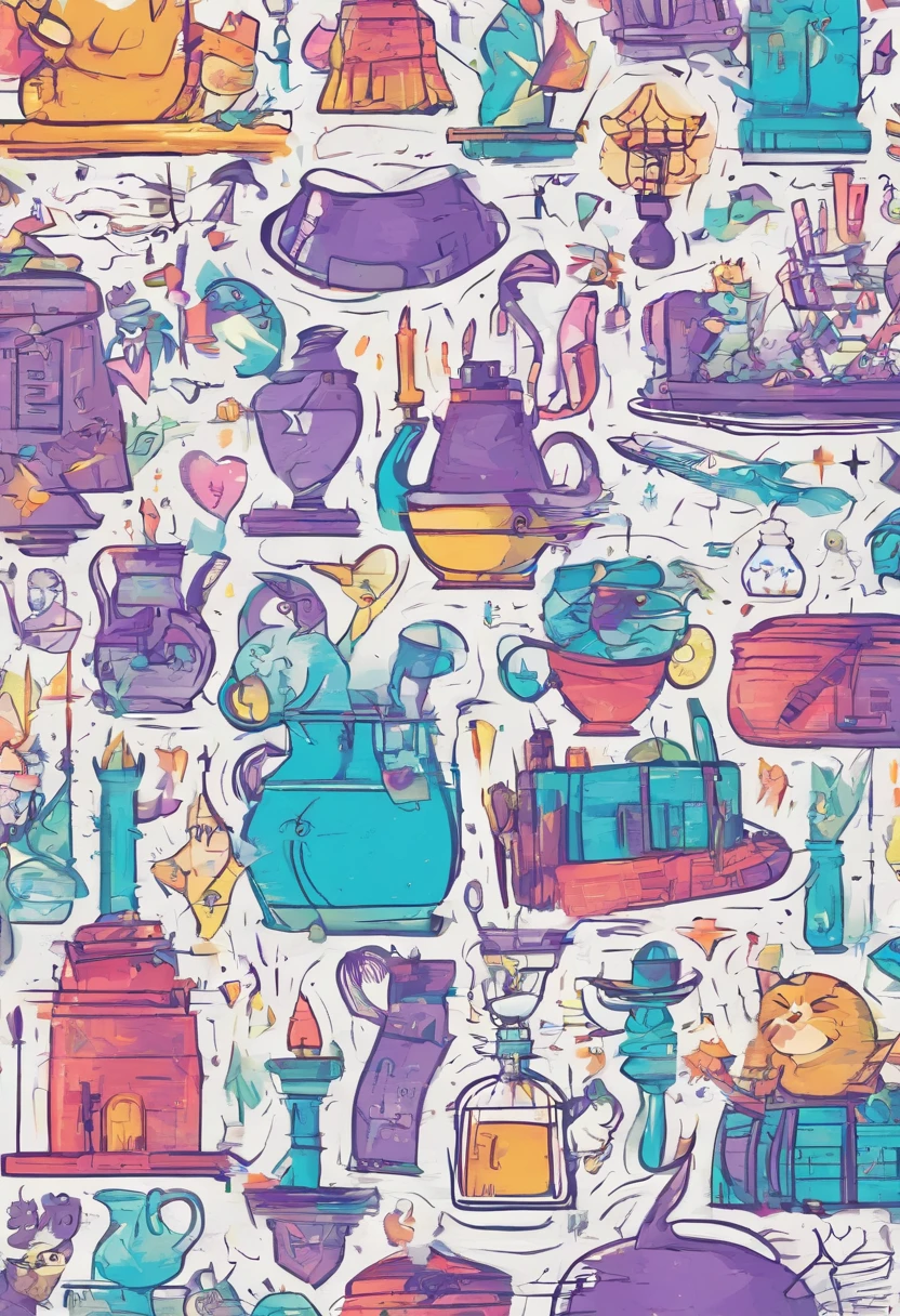 Potions，Gold edges，Magic hat，Blue-violet gradient，broom，candlestick，frogs，Demon Flame，chimneys，Hogwarts，parchment，wands，incantation，Cute little witch，purpleish color，bit girl，cute  face，flatillustration，Peter Rabbit style，Sticker stickers，Handbook，Japanese stickers，Graphic illustration，clean backdrop，sticker outline，Line draft，A wide range of accessories，Animation style，full bodyesbian，acgc，Meticulous，Disassembly drawing，Disassembly design，the detail，8K high-definition，industrial design，white backgrounid，white ambient light，studio lit