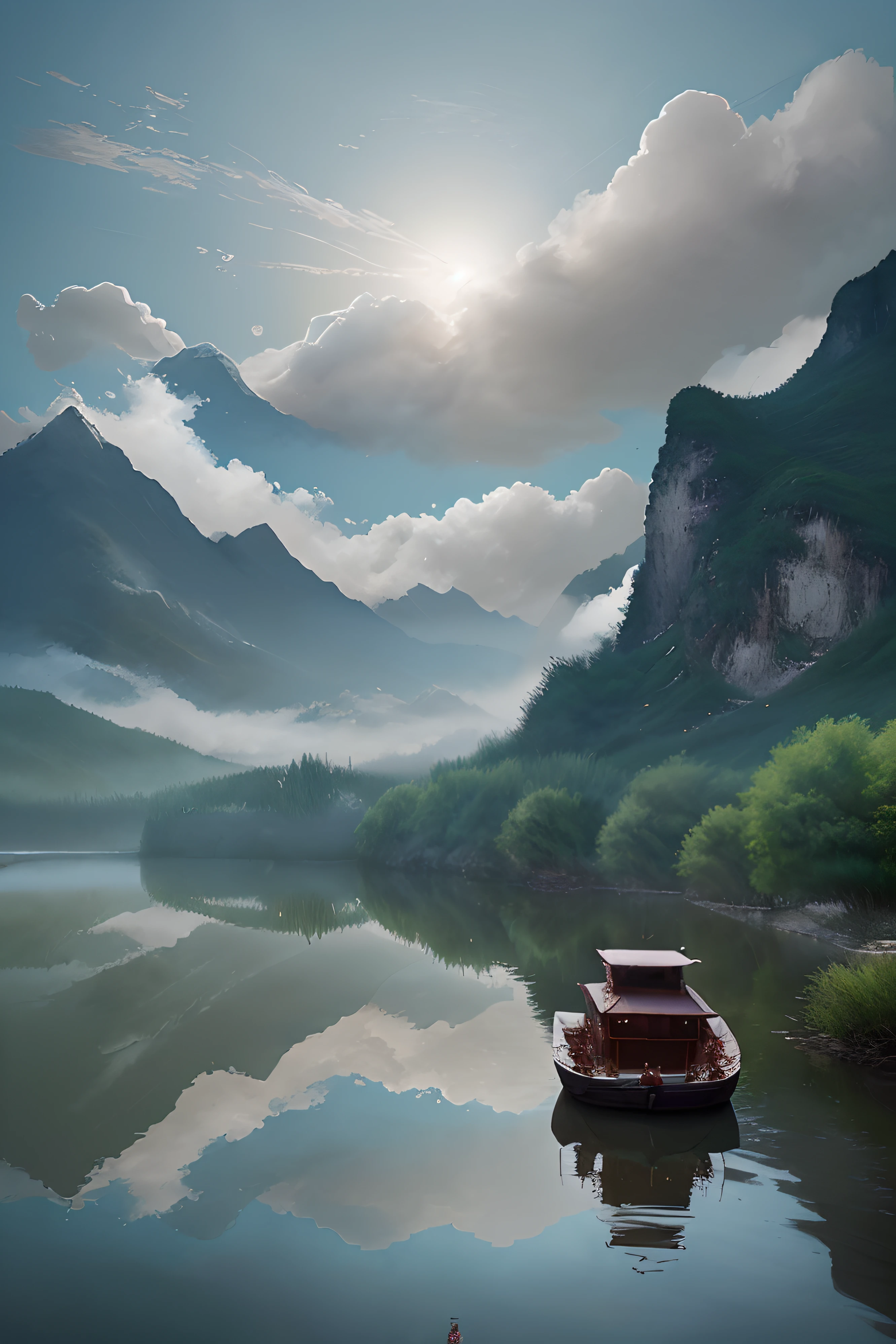Mountain peaks hidden behind clouds River water blurred boat number Beautiful illustration Chinese style cloud Yang Jie's digital painting