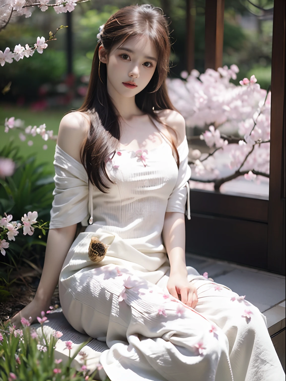 (8k, RAW photo, best quality, masterpiece:1.2), (realistic, photo-realistic:1.5), natural light, girl, beautiful girl, long hair, brown hair, brown eyes, ultra-detailed beautiful face, looking at viewers, white summer dress, full body, sitting, (background, garden, japan scenery, sakura, sakura petal, indoor)