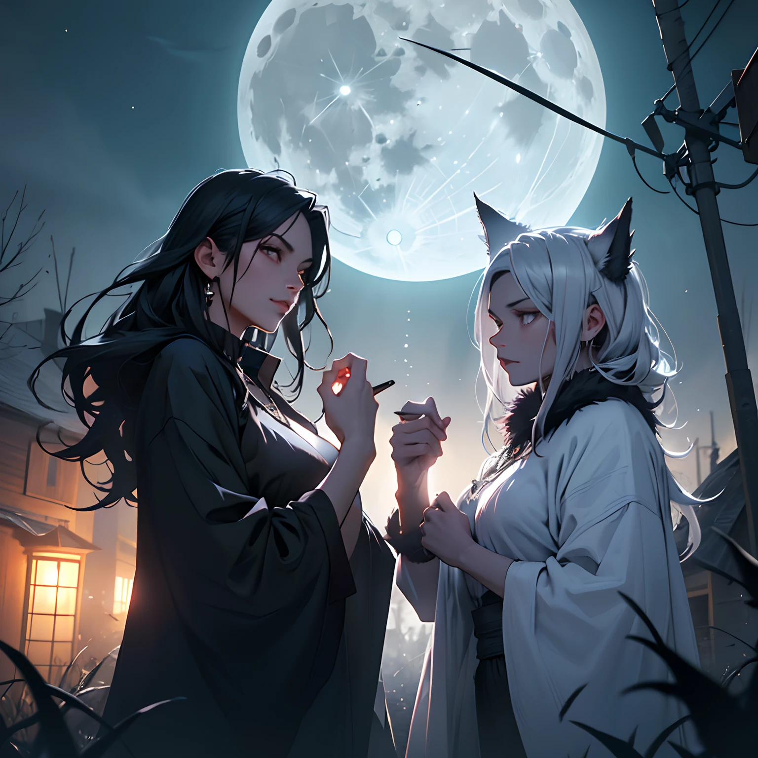 A pair of witches, People with black hair, Accompanied by a large silver fur wolf, Under the full moon, In Halloween settings. (Best Quality, 4K, hight resolution, masutepiece:1.2), Ultra-detailed, (Realistic, Photorealistic:1.37), nffsw, Studio Lighting, Vivid colors, Bokeh, eery, Dark atmosphere.