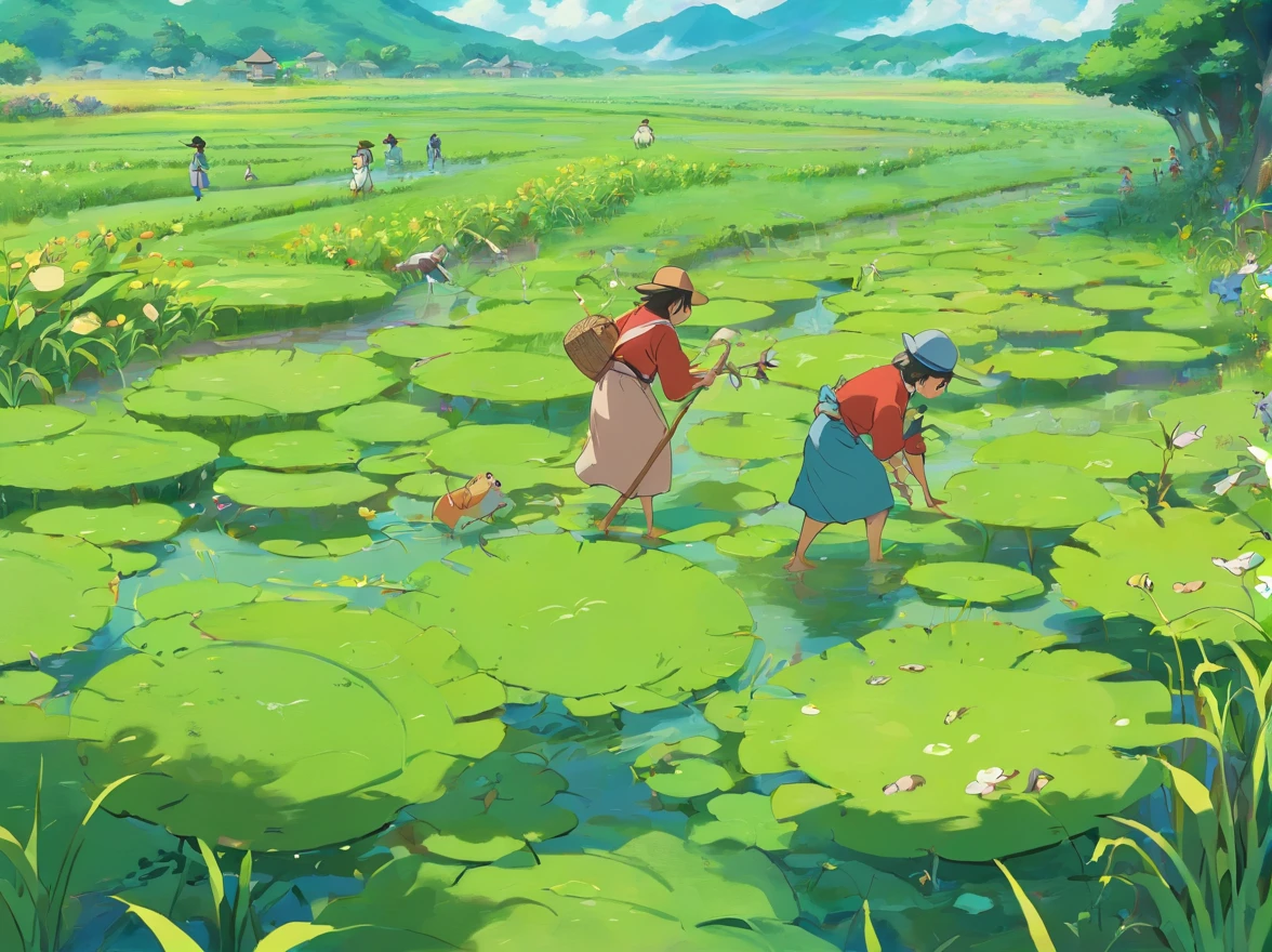 Zhuang people catch frogs in the fields