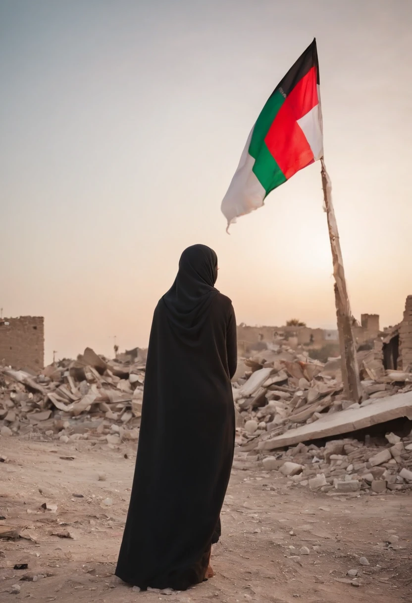 palestinian flag, sunset, stars, bombs, fire, destroyed, Palestine, beautiful girl in hijab, bloody, waving Palestinian flag looking at the rubble and destruction, somber, hope, Palestinian flag, hijab, muslim, HD,