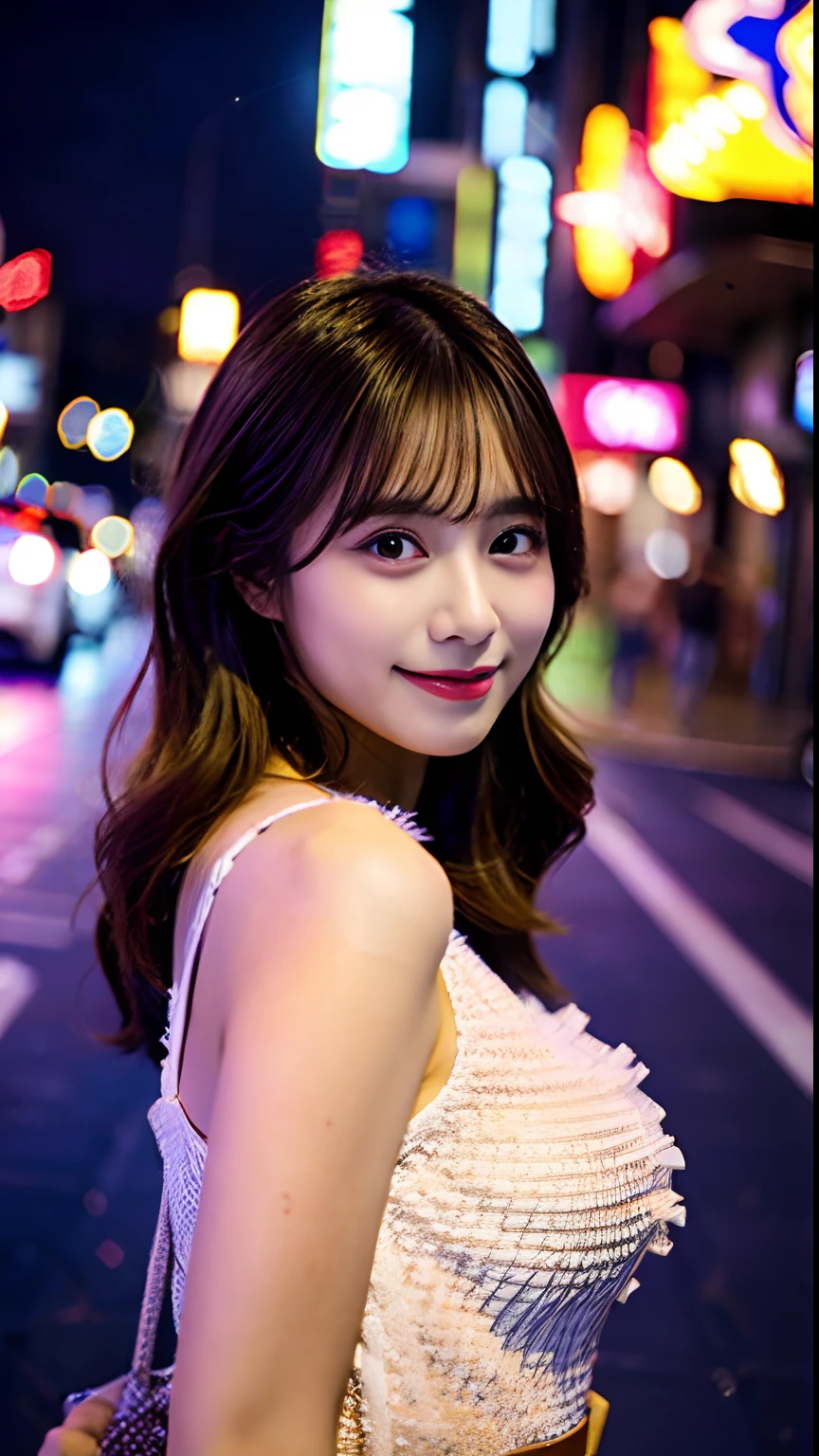 top-quality、One Beautiful Girl、nightcity、camisole、huge tit,35mm lens,Cowboy Shot、smil
