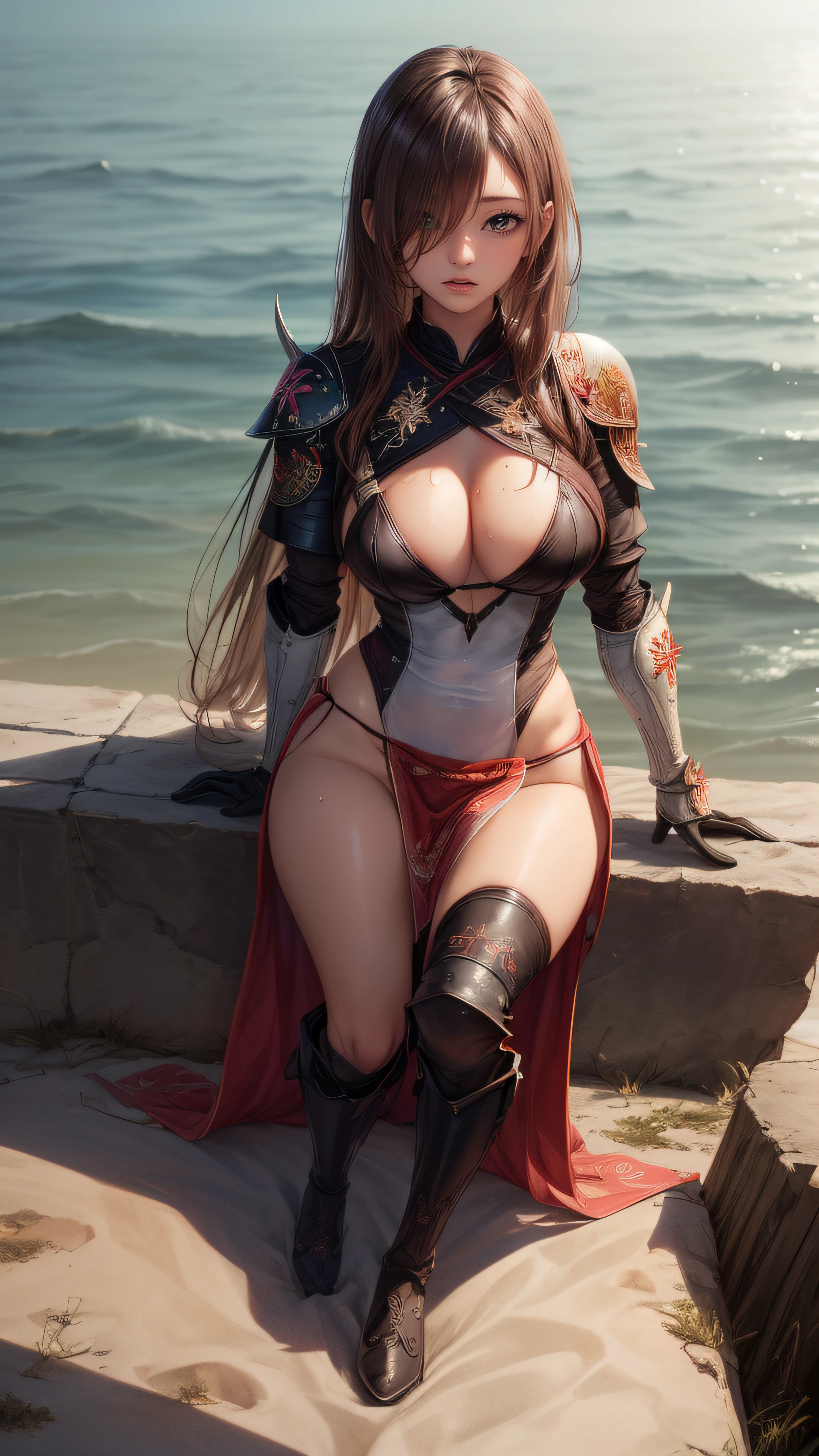 (1girl,(curvy:1.2),petite,beautiful breasts,(large breasts),pale skin,pointy breasts,(erect nipples),sweat),((clothed:1.8),leather boots,leather gauntlet,(carbon armor:1.5),(embroidered rash guard:1.5),(long silk sarong:1.5))),((realistic),8k,ultra hd,high resolution,best quality,masterpiece,(Sense of presence:1.5),(Dynamic:1.5),(bold:1.5)),((long hair),((thin hair:1.8)),(straight hair:1.5),(Swept bangs:1.5),(extra light coppery amber hair),(hair over one eye)),(seaside:1.5)