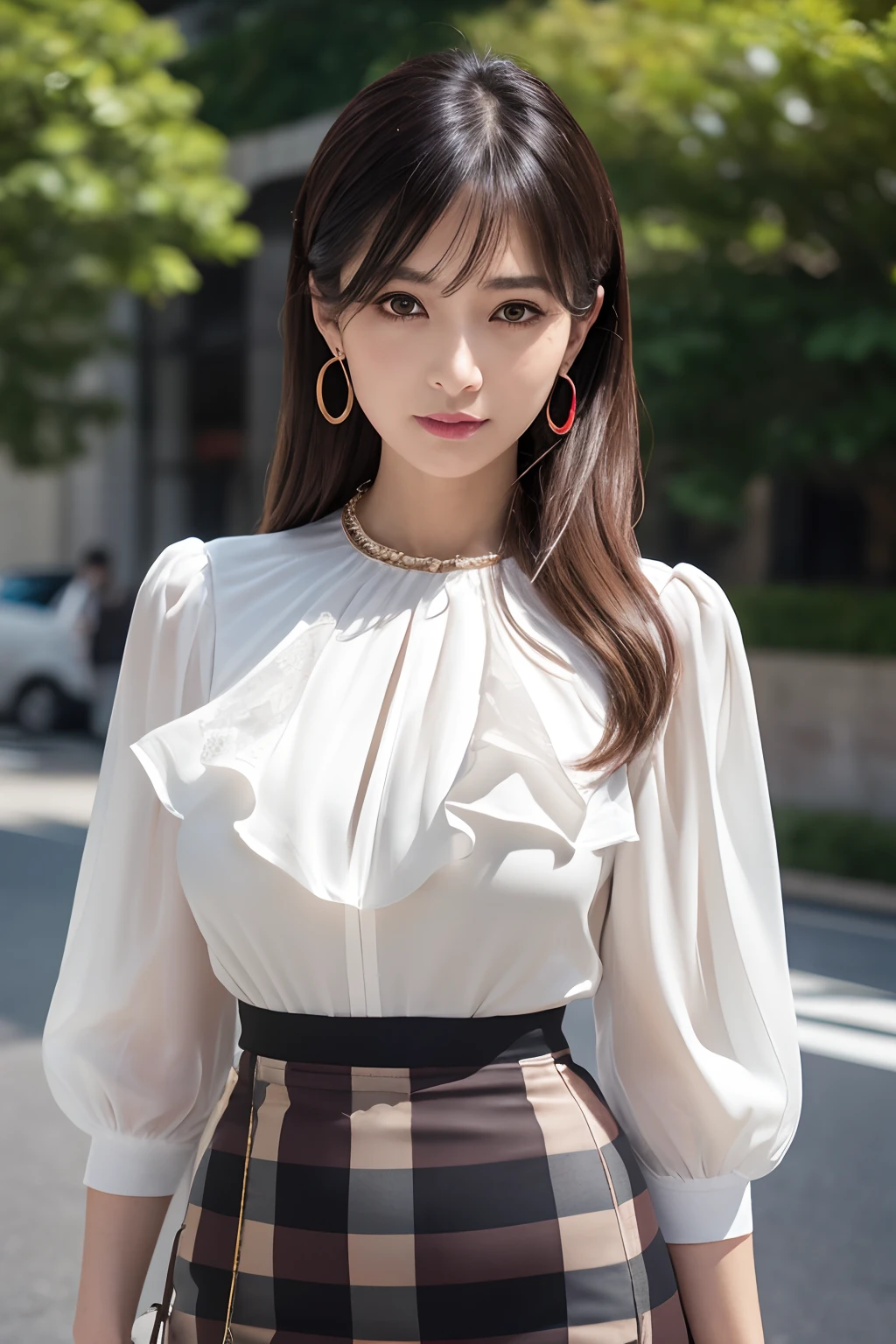 (8K, Raw photo, 超A high resolution, Best Quality, masutepiece:1.2), (Realistic, photographrealistic:1.3), (Highly detailed CG Unity 8k wallpaper), extremely delicate and beautiful, extremely detailed eyes and face and skin, Professional Lighting, Physically-based rendering, (professional photo of girl),
(Facial wrinkles:1.2), Solo, 1 girl, (50 years old:1.5) , Adult face, long straight brown hair without bangs,,,,,,, symmetrical clear black eyes, (Red) Arcuate lips,
Slender body, (Medium Hanging Breast), Narrow waist, medium hips, thin legs, Thin eyebrows, long eyelashes, 鎖骨,full body Esbian:1.2,(Colossal tits:2.1)
Elegant fashion, Gorgeous fashion, wearing insanely detailed ((pale color) frilled blouse, (dark color) Check Short Pencil Skirt),
Drop Earrings, Farandall Long Necklace, Farandole Bracelet,
3 pm, Ginza,